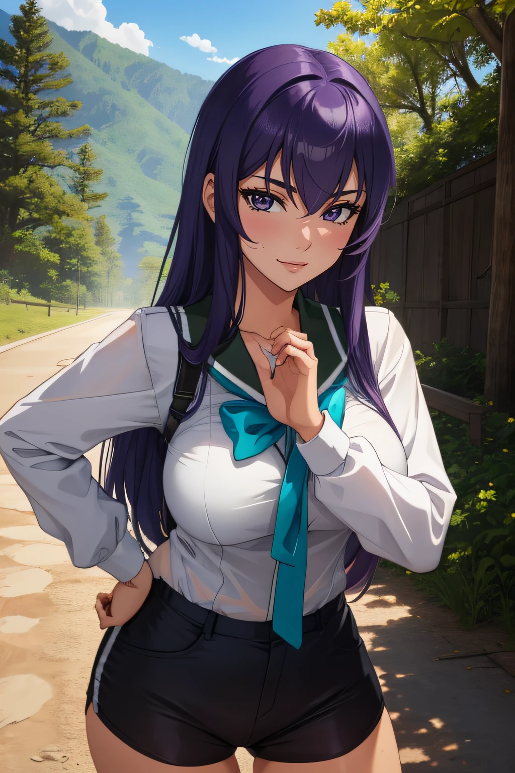 (Obra maestra, La mejor calidad),  Detalles intrincados,
 1girl, busujima_SAEKO, purple hair, Uniforme escolar, falda, Cola de caballo, Pelo muy largo,
  sonrisa seductora, al aire libre, bosque,  sweating, sudor de tetas, escote,Making a Heart with Your Hands,