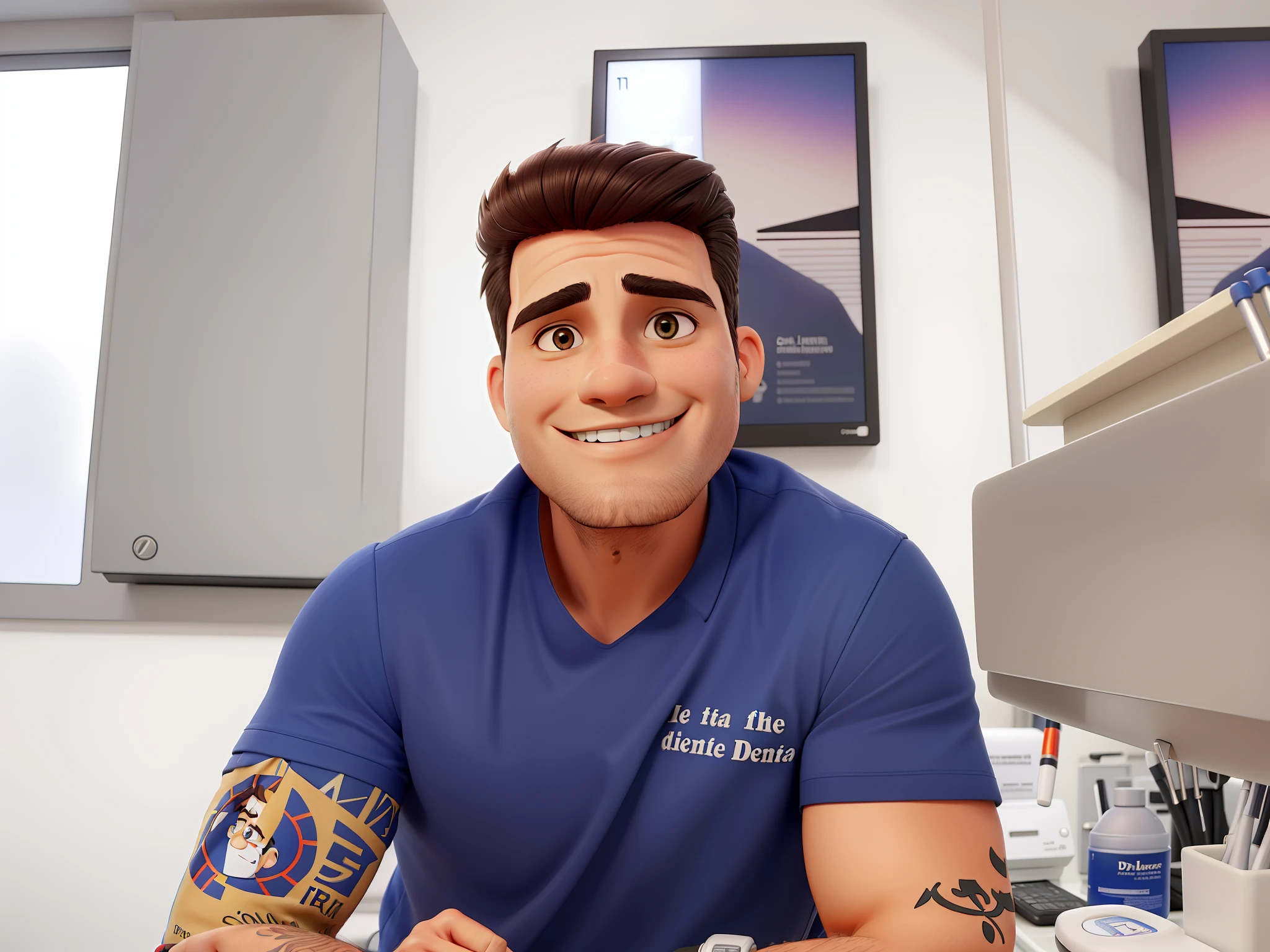 Dentista de cabelos pretos, True to the photo. On the shirt written "Dr Fábio Mota" on the first line and "Dental Surgeon" on the second line. Melhor qualidade