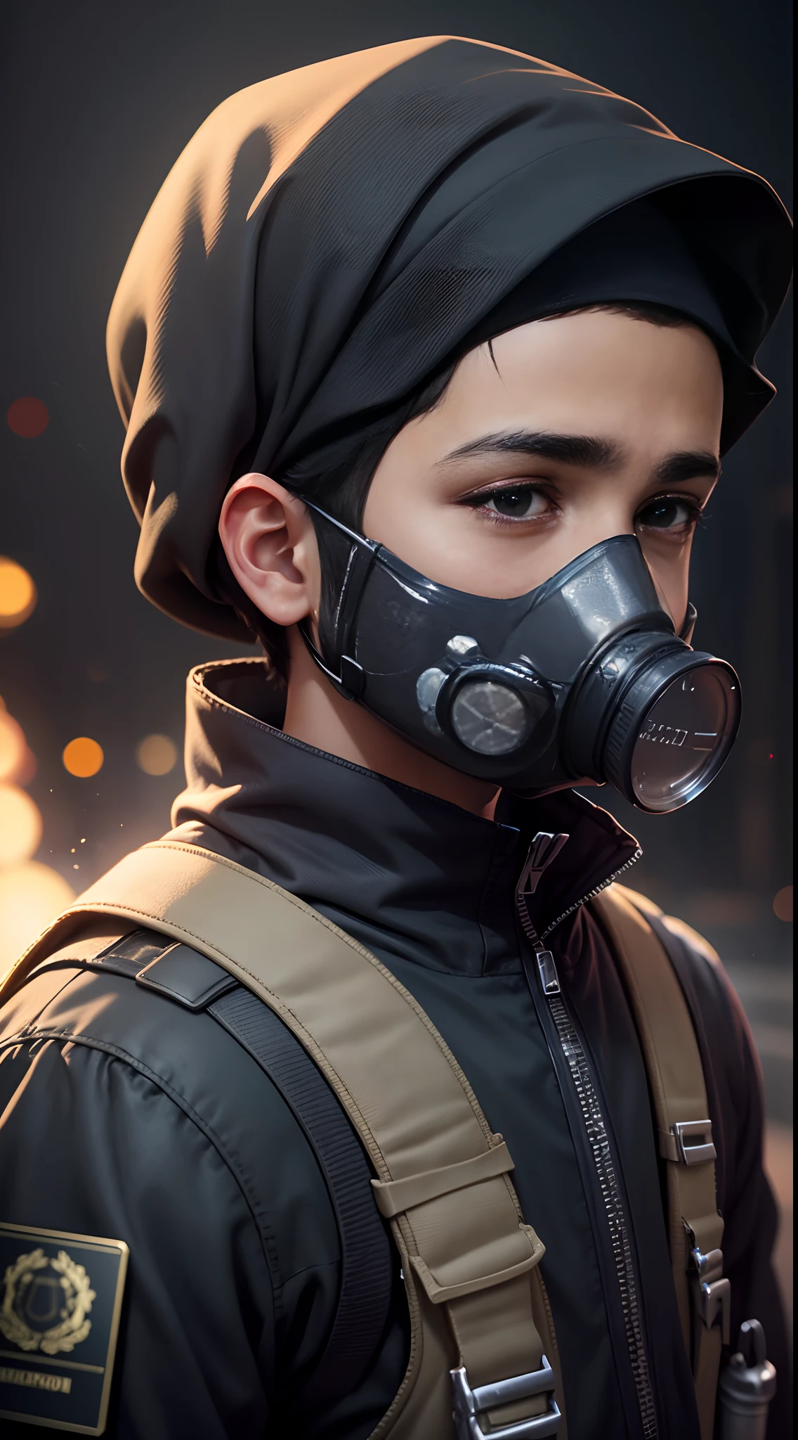 Photorealistic, high quality, Ultra HD , passport size , photo of a Muslim boy , wearing gas mask, dark background, red bokeh effect, portrait, profile picture, unreal engine trend --auto