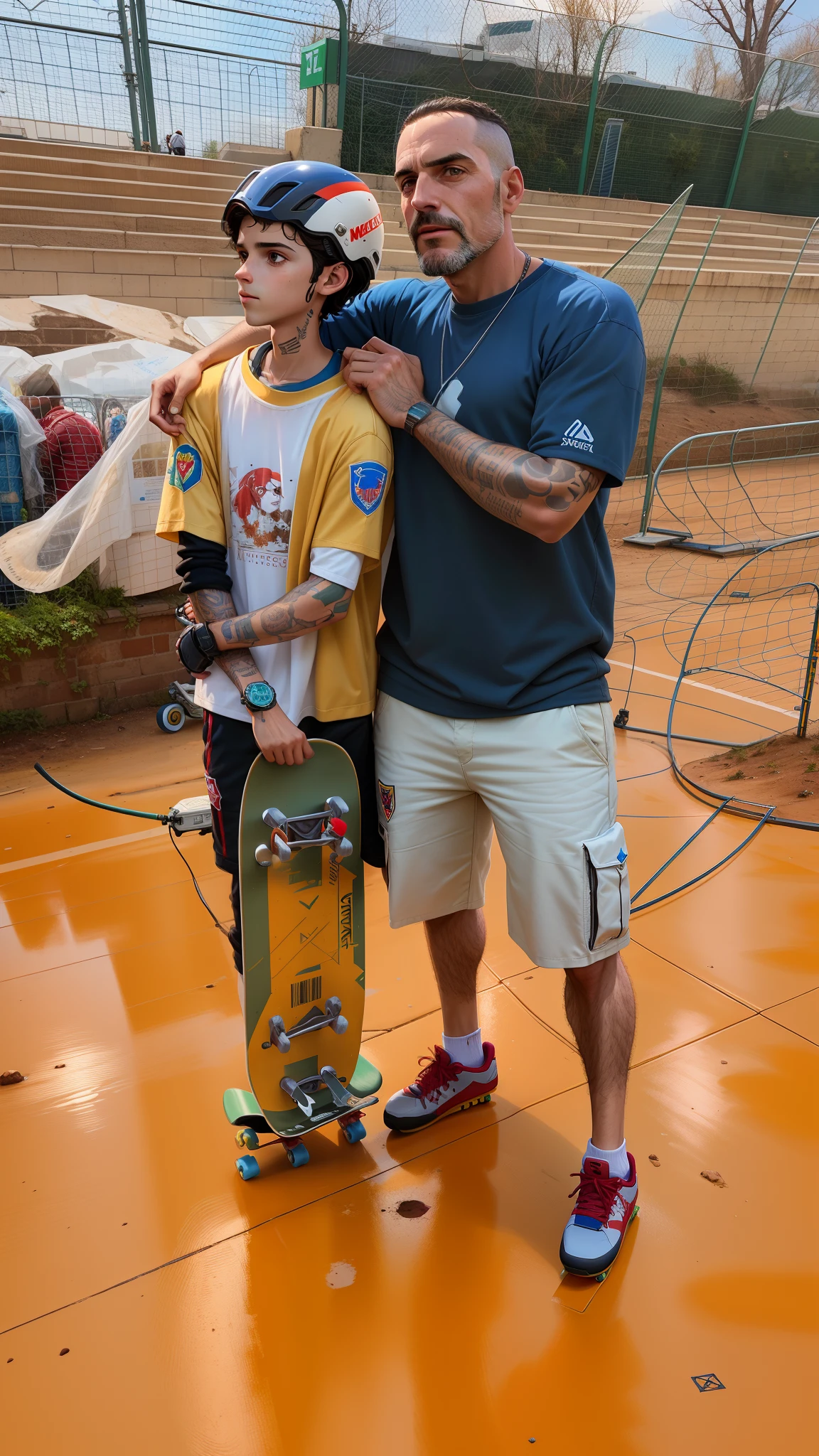 There's a father and a  son next to each other with skateboards, usando capacete de skate, not cropped, Feliz!!!, tatuagem, muito inspirador, Frank Franzzeta e Sakimichan, Postagem no Reddit, skate, inspirado em Nathan Oliveira, wearing skating helmet, Mars Ravelo e Greg Rutkowski