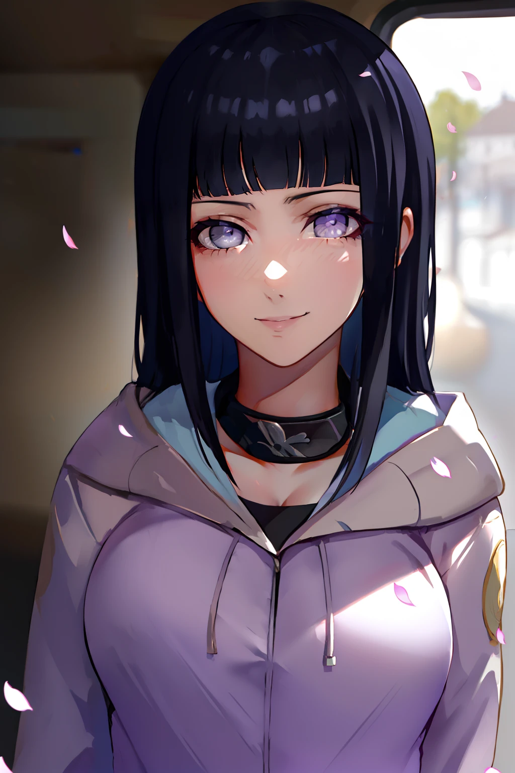 beau, master piece, beste-Qualit, extremely detailed face, perfect  lighting, 1fille, hinata, hyuuga hinata, frange, empty_eyes, black_hair, blunt_bangs, yeux gris, manches grises, headband_around_neck, hauts, coupe hime, hooded_cardigan, manches longues, looking_at_viewer, petals, sourire, solo, cheveux raides, haut du corps, hooded jacket, corps parfait, sur u' lit, avec en train de rougir et de sourire