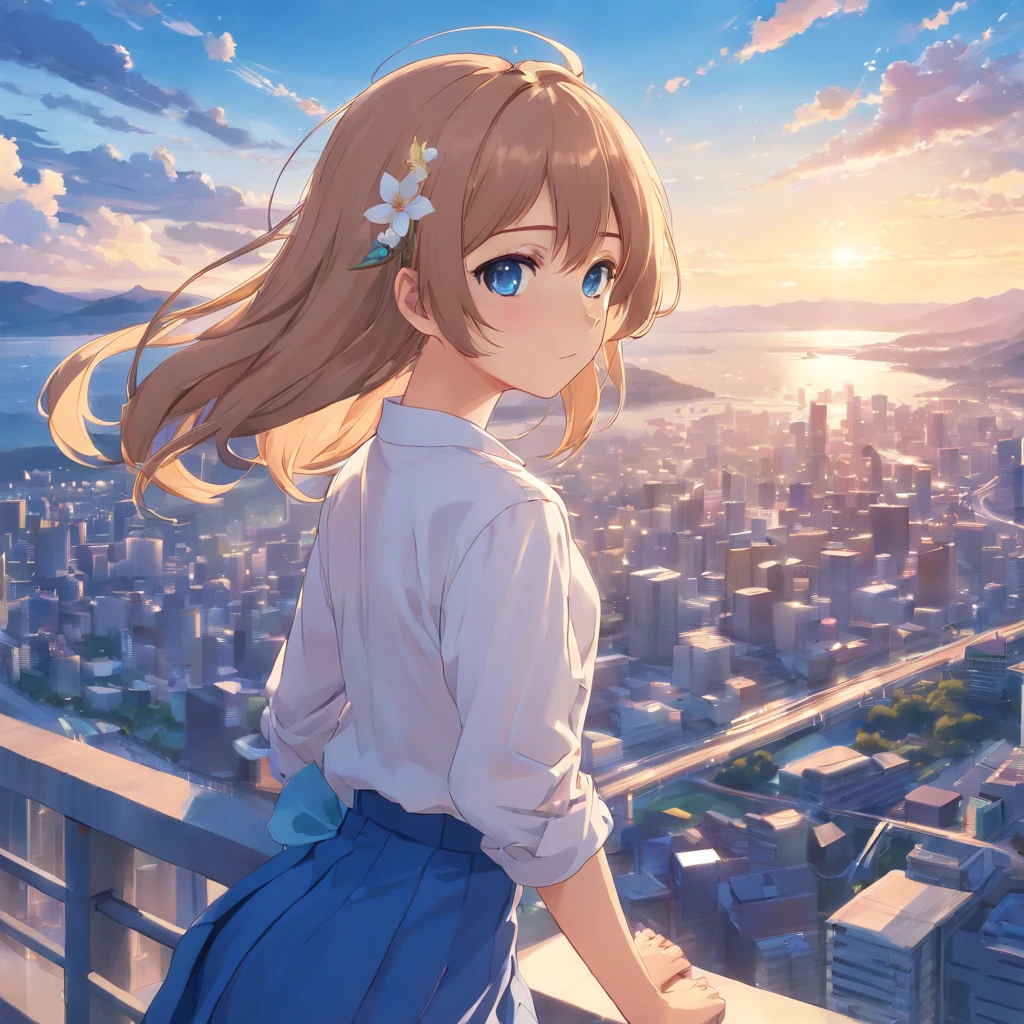 girl with、skin tanned、Hair over one eye、silber hair、Tsuriformes、white  shirt、a blue skirt、blue eyess、serious facial expression、The Vast Sky、the beautiful skyline、Valleys and rivers、White petals fluttering in the wind