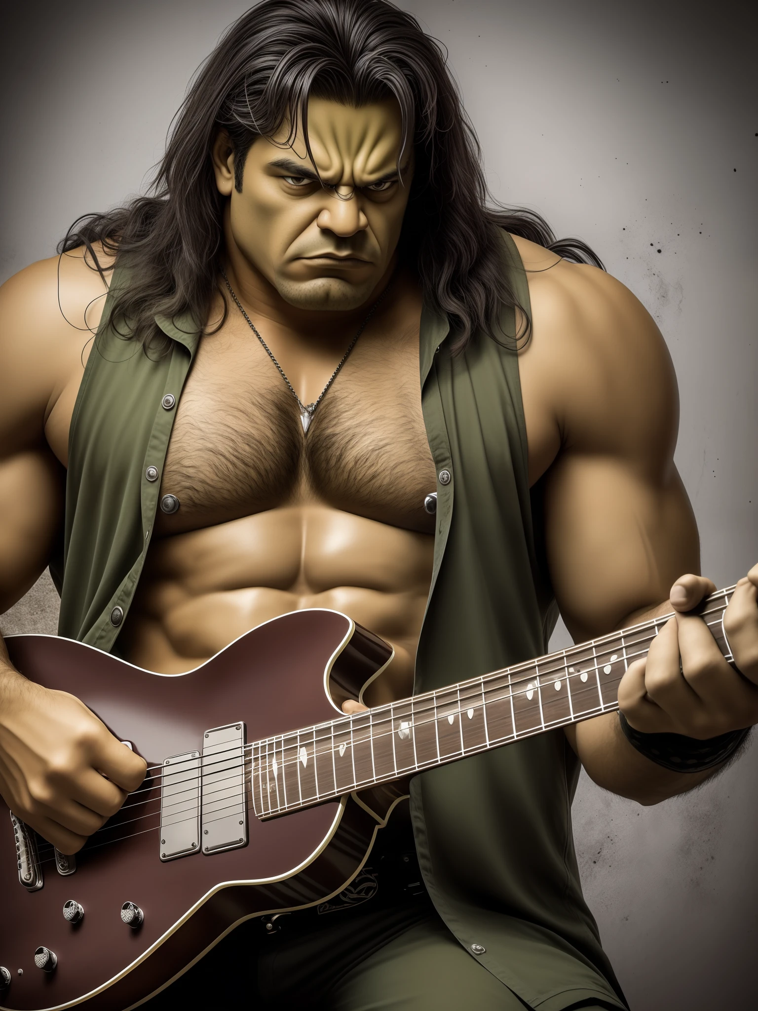 Jovem Hulk metaleiro, roqueiro, tocando uma Guitarra de Heavy Metal, cinematografico, 32K, photography, hd, detailed, arasbeque background, --auto --s2