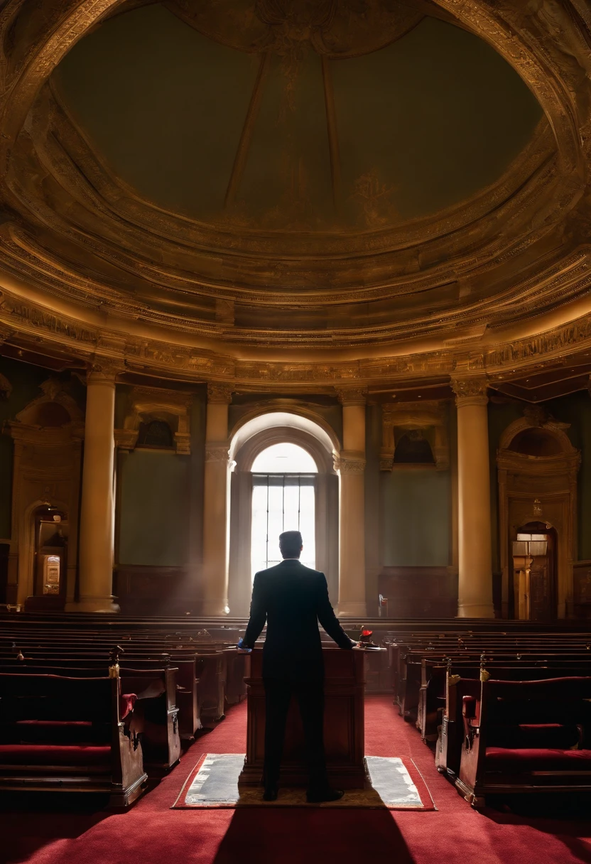 man preaching aggressively from a pulpit and his shadow stretching far across the floor and covering the audience, photography, realistic, detailed, dramatic