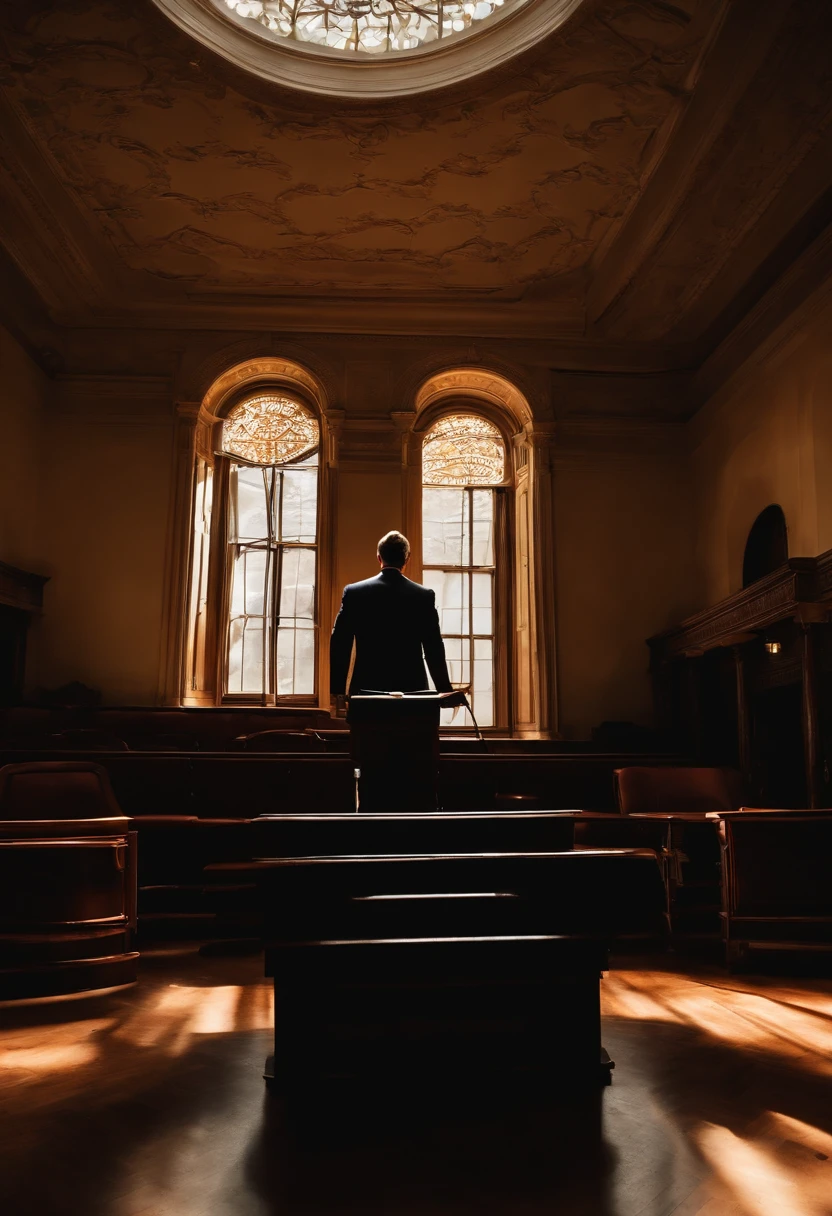 man in suit preaching aggressively from a pulpit and his shadow stretching far across the floor and covering the audience, photography, realistic, detailed, dramatic