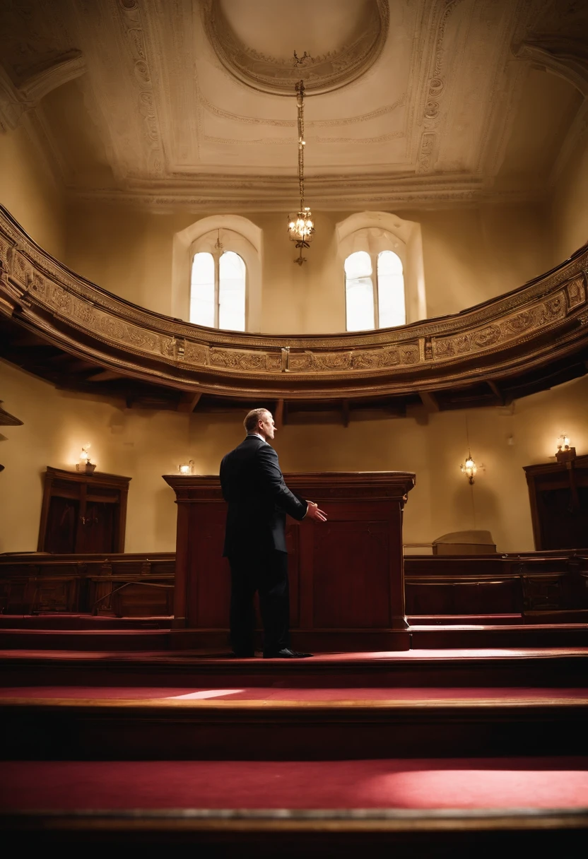 man in suit preaching aggressively from a pulpit and his shadow stretching far across the floor and covering the audience, photography, realistic, detailed, dramatic