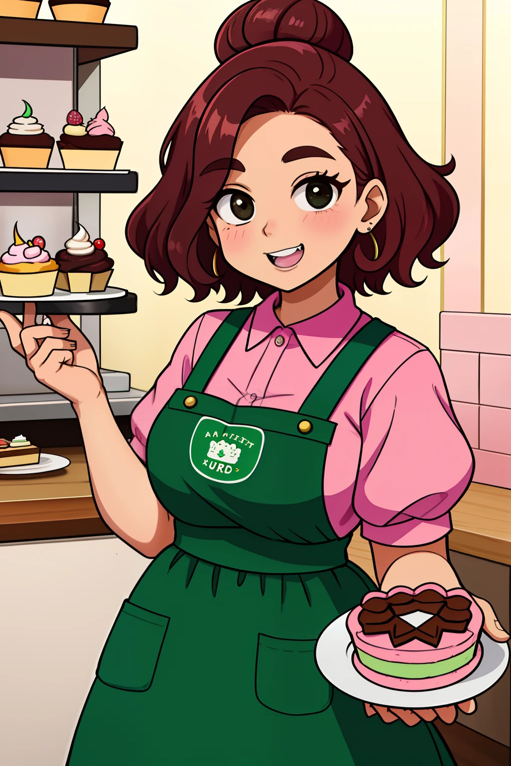 26-year-old woman with round face, brown curly hair, wears braces on her teeth, black eyes, pastry chef with apron Green band on her pink hair, holding the cake made in the cake shop, full of details, lots of little cake shop things, it was a cupcake in the oven