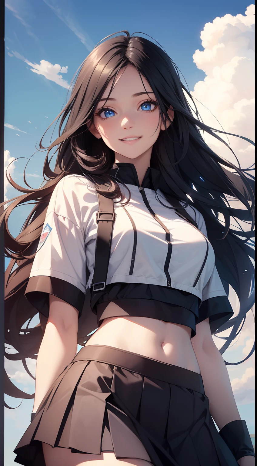((Best quality)), ((masterpiece)), (realistic), 1 girl, beautiful girl, Long black hair, detailed hair, blue eyes, detailed eyes, crop top , medium length skirt, school field, blue sky, clouds, grin