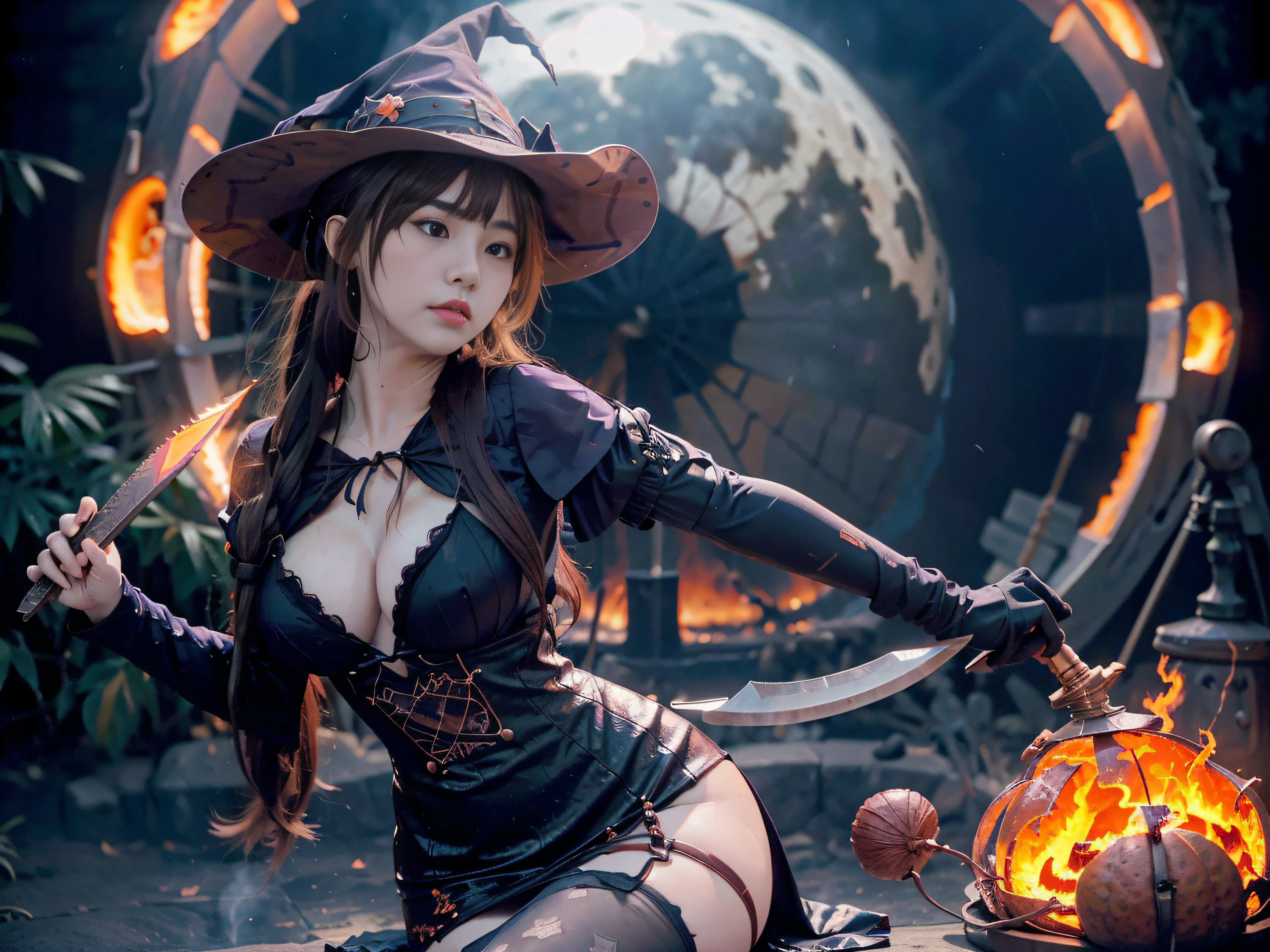 1girl in, A Japanese Lady, , purple color hair, Braids, Colossal tits, 1 Sit with bats before the full moon, halloween art style, Witch in a shiny purple tight dress, witch's hat, Purple cloak, Flat Vector Art, in a halloween style, Magic O Lantern, (A huge copper knife on a blazing flame in the foreground:1.4), (Pumpkin soup is stewed), steam, But fascinating, cleavage of the breast, the witch, Spooky Halloween Night, 电影灯光,Thunderbolt,lightning bolt, portrait photo, ((Sexy actress poses:1.4)), embarassed expression,