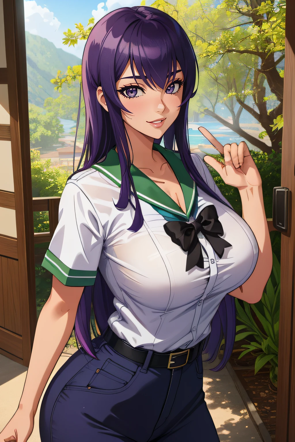 (obra maestra, La mejor calidad),  Detalles intrincados,
 1girl, busujima_SAEKO, purple hair, uniforme escolar, falda, Cola de caballo, Pelo muy largo,
  sonrisa seductora, Al aire libre, bosque,  sweating, sudor de tetas, escote,