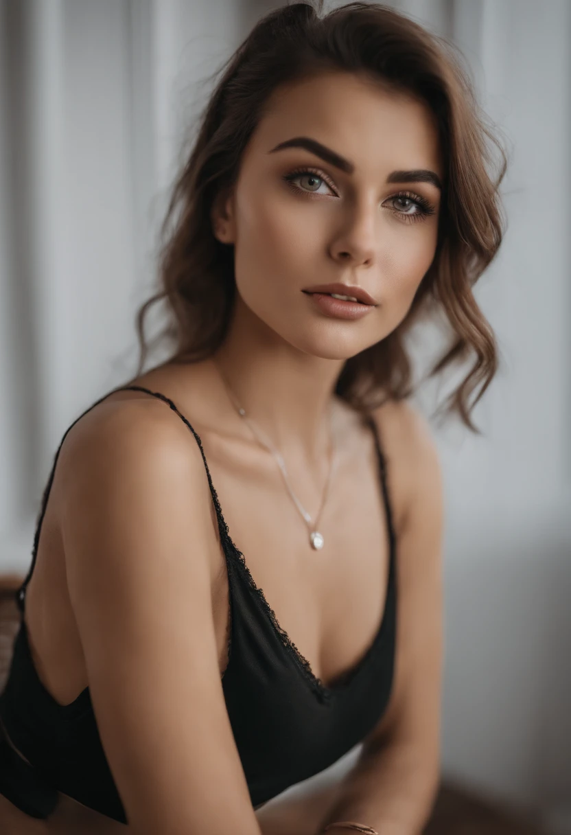 Arafed woman with white tank top and necklace, fille sexy aux yeux verts, Portrait Sophie Mudd, cheveux bruns et grands yeux, Selfie d'une jeune femme, Les yeux dans la chambre, Violet Myers, ohne Maquillage, maquillage naturel, Look directly into the camera, Visage avec Artgram, dezentes Maquillage, Superbe photo du corps entier, piercing green eyes, Bel angle, Pose attrayante, fille mignonne, sexy pose, Full body image, corps entier entier, Prise de vue du corps entier, brunette goddess, high level of detail, Pose satisfaite, Lederhosen