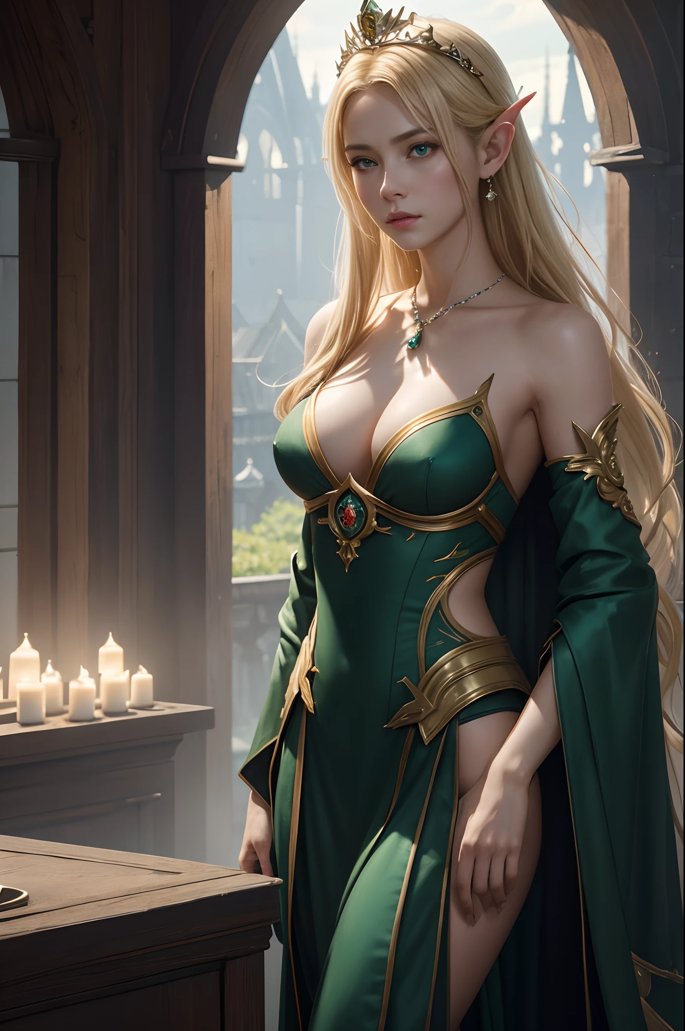 8K,Model Chute Style、(the Extremely Detailed CG Unity 8K Wallpapers)、full-shot body photo of the most beautiful artwork in the world、elvish、a blond,Green Valley、Pearl skin、Golden crown、Diamonds、Medieval architecture、Edbrink、Ateigairan、Studio Ghibli、Jeremy Mann、Greg Munchez、Antonio Moro、Trending on ArtStation、Trending in CGSighbour、 Dense and、Up to detail、Sharp focus、Dramatic and photorealistic painting art by Midjourney and Greg Rutkowski,Sexy costume,large full breasts,Green eyes,