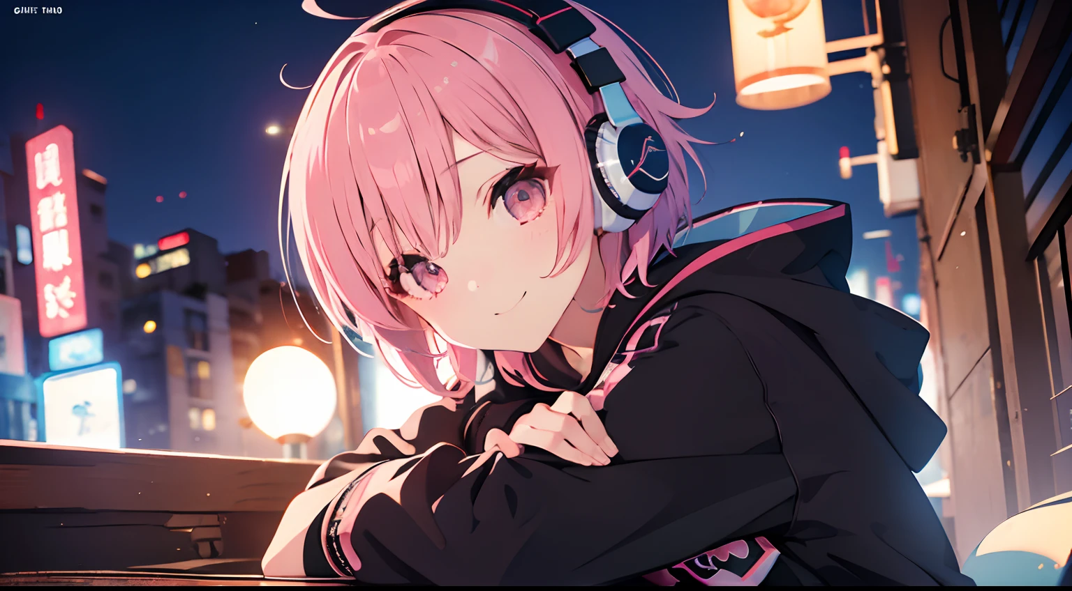 ​masterpiece、top-quality、Movie stills、1girl in、Artistic background、pink shorth hair、headphones、kawaii、with light glowing、Happiness、Short hair、Wearing a black hoodie、a smile、Idle Pose