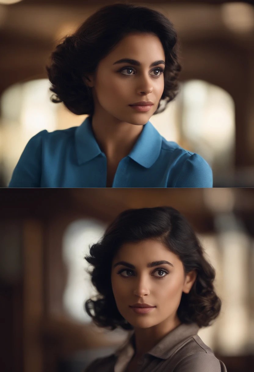 Menina magra, morena olhos e cabelos muito escuro, cabelo cacheado com bastante volume, com vestimenta camisa gola polo azul escuro, segurando um limpador de para-brisa, estilo disney pixar, alta qualidade