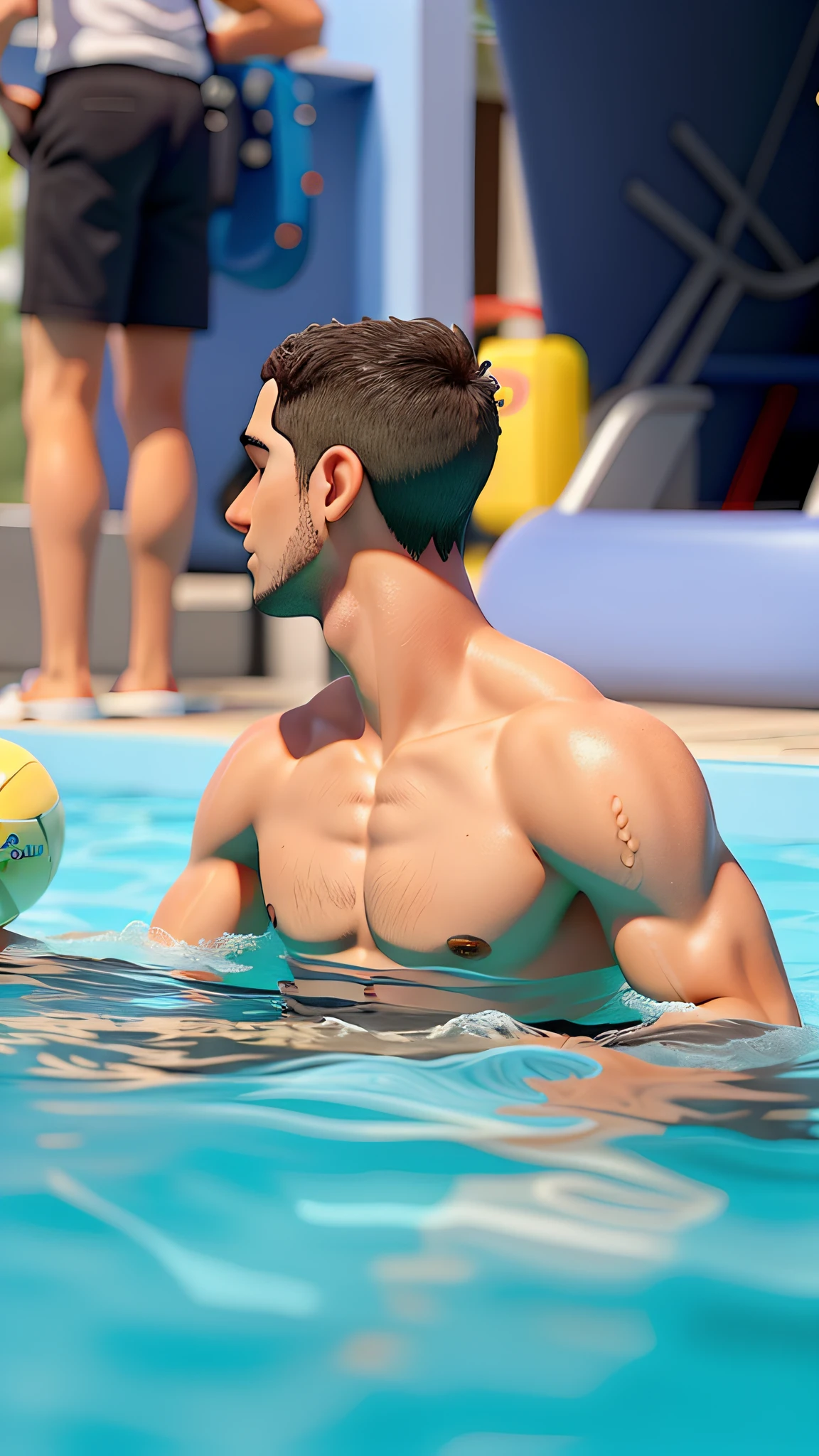 Jovem na piscina olhando para o lado, melhor qualidade, alta resolução.