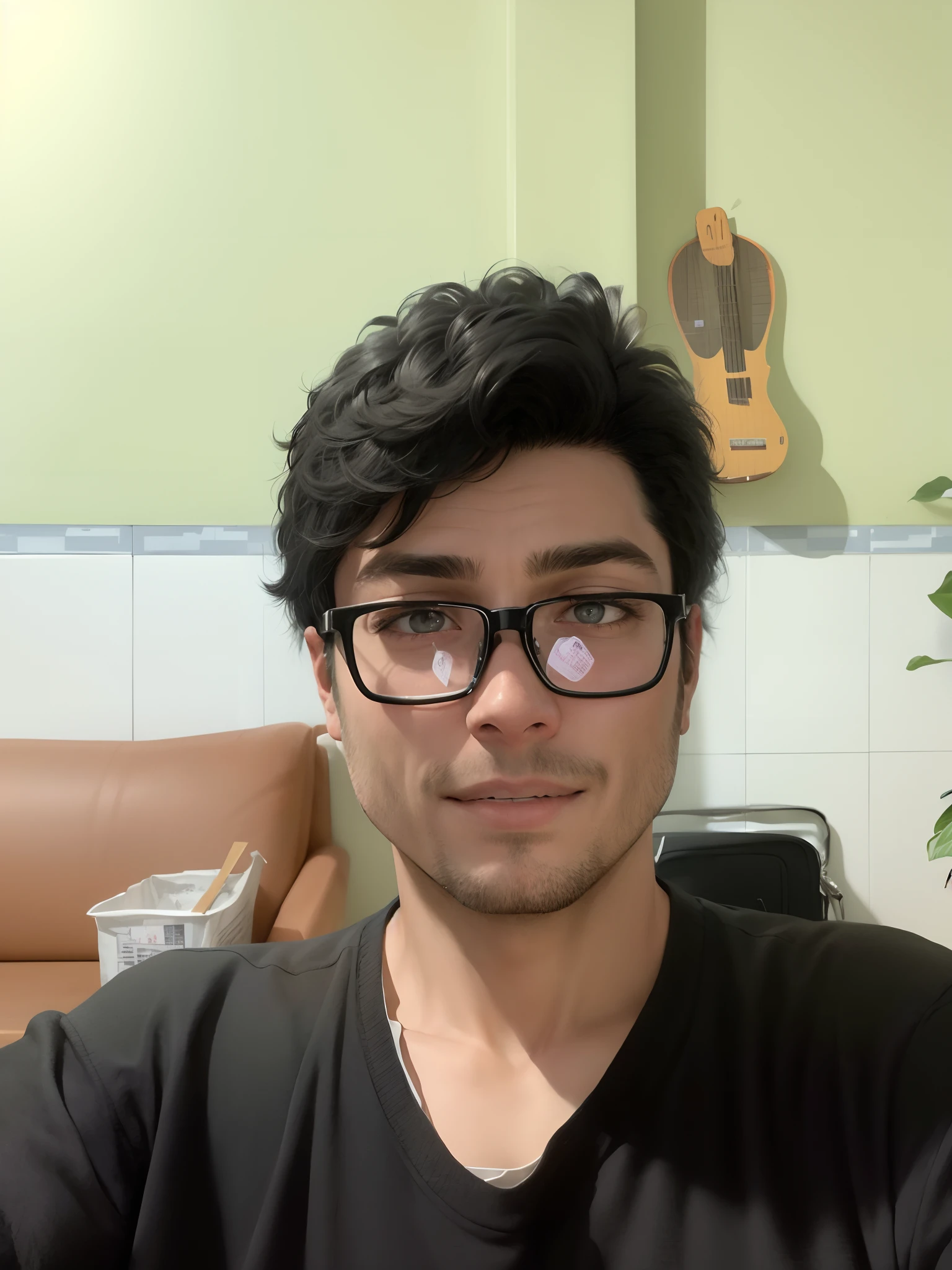 Change back ground, Realistic 8K, Portrait, (masterpiece: 1.4)  image of a thin 28-year-old man, with short black hair, wearing a black vest with a white blouse underneath, tense expression, walking in a decrepit hotel lobby. realistic face, smiling,