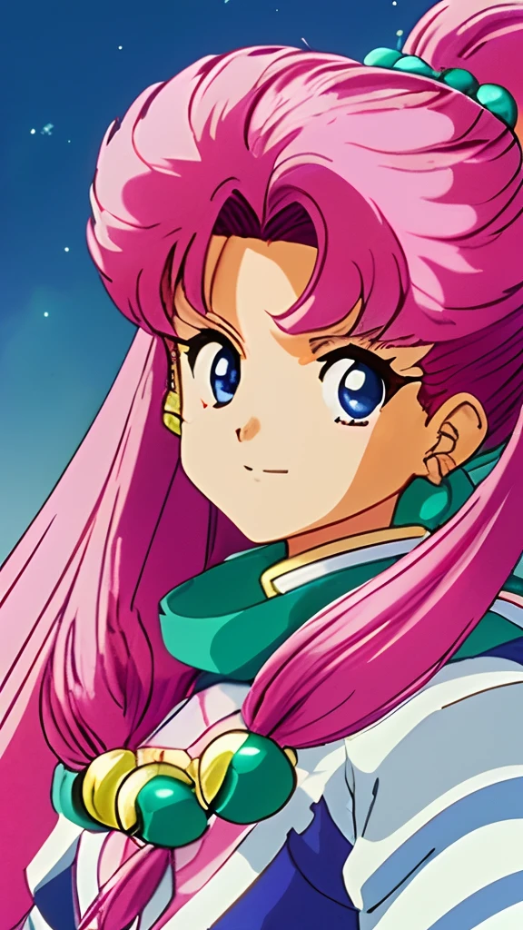 (80s anime style), ​masterpiece, top-quality, ighly detailed, Soio, 独奏, (:3:0.9), ((unique designs)), (((Unique hairstyle)),Cute cute hair color　Beautiful ornaments　Gravity-defying hairstyle: hair with a special pink and emerald green color