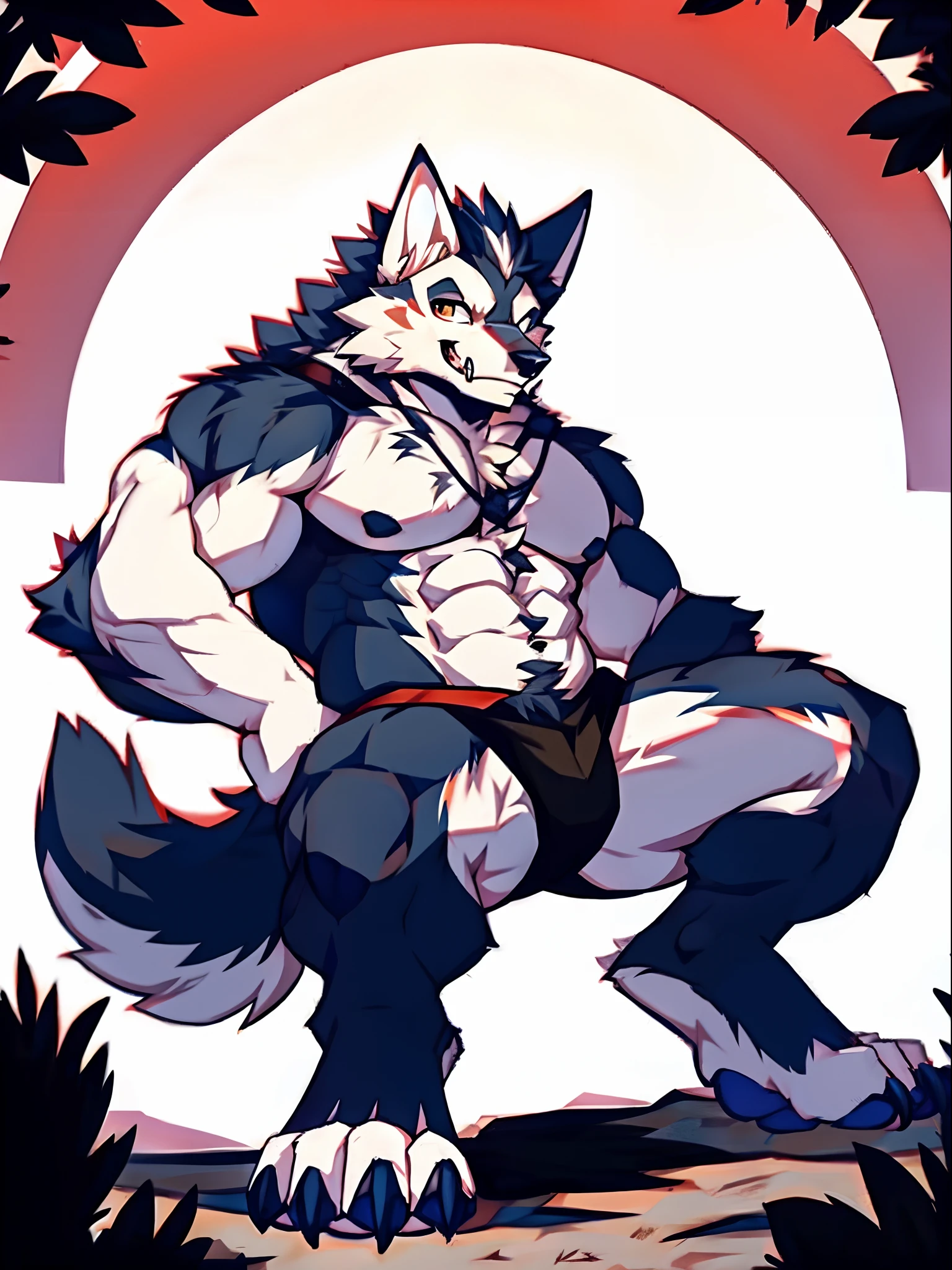 Human-wolf，musculous，Hairy all over，clawed paws，erect through