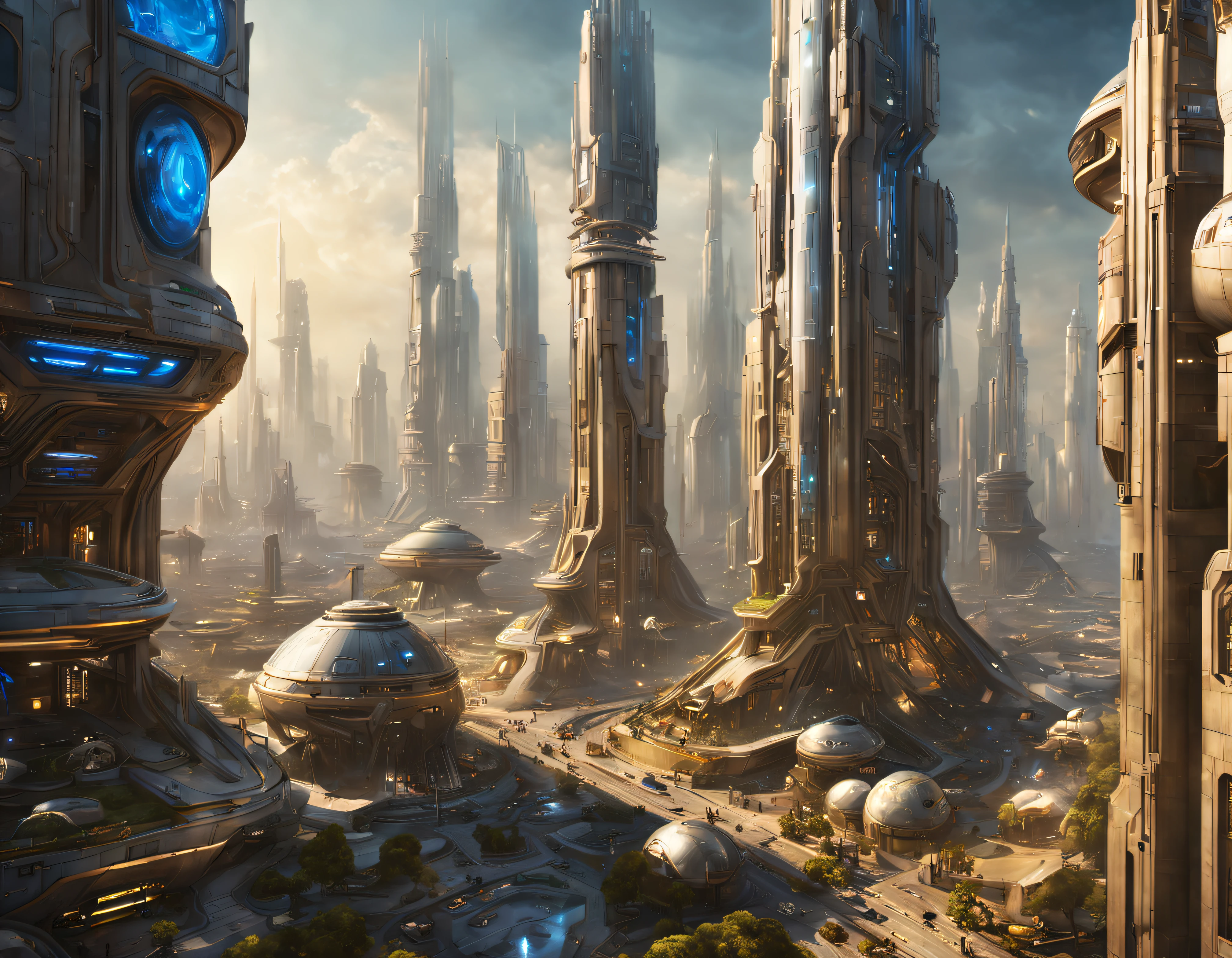 On an unknown planet lies a futuristic fantasy city with immense buildings of technological design (que forman una avenida infinita), edificios compactor no difuminados, con estructuras acristaladas en plata, oro y bronce espectaculares, (con colores vivos). pavimento ensolado (sin brillo). gente paseando. (similar a coruscant de star wars). imagen bien definida con muchos edificios juntos. imagen nitida bien definida 8k. los edificios llegan alta el fondo.,8k.