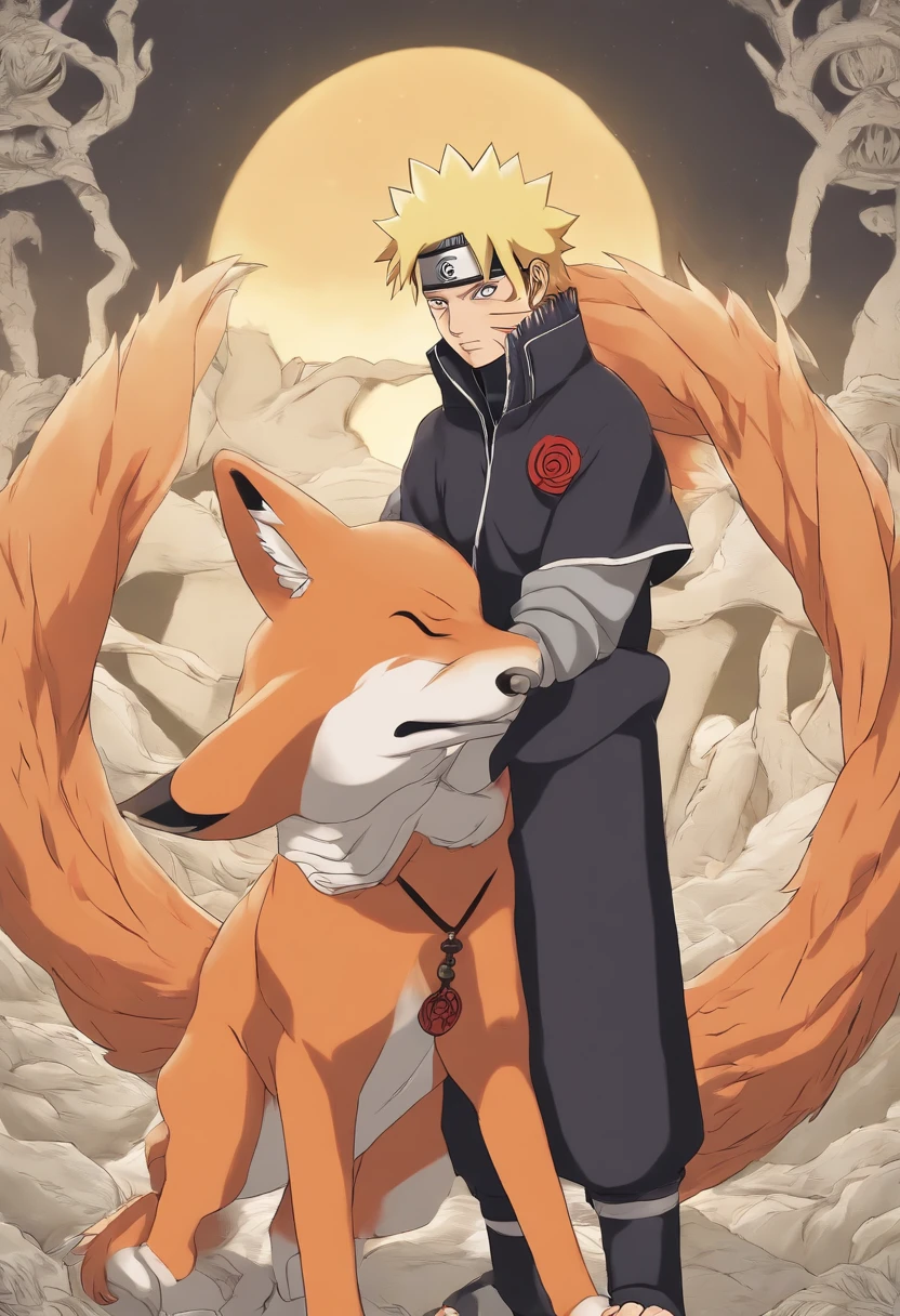 Naruto holding the dead nine-tailed fox in his arms, Naruto crying, background of Konoha, Naruto in his adult phase (30 years old), the death of Kurama, anime, Naruto, BORUTO