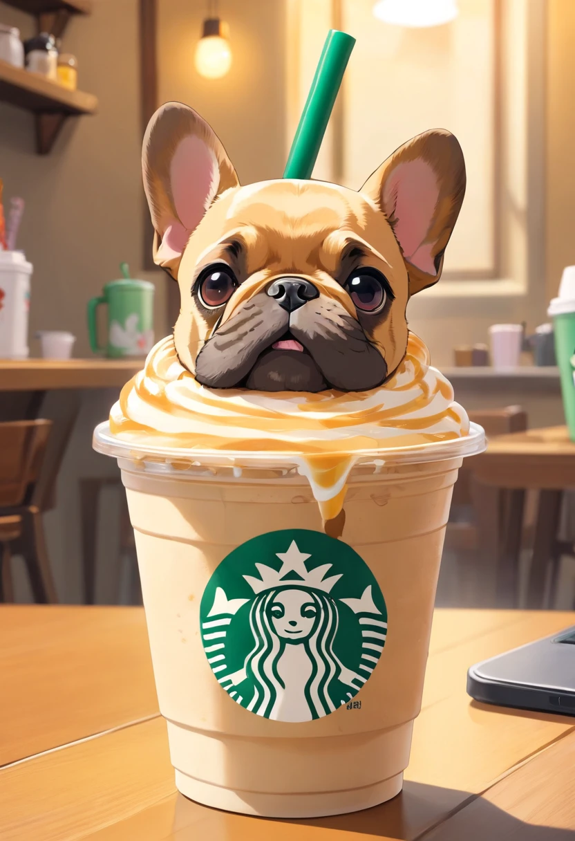 Unique, Cute French bulldog-shaped cup with a playful cartoon look, Colorful Starbucks-style frappuccino, Yorkshire Terrier logo.