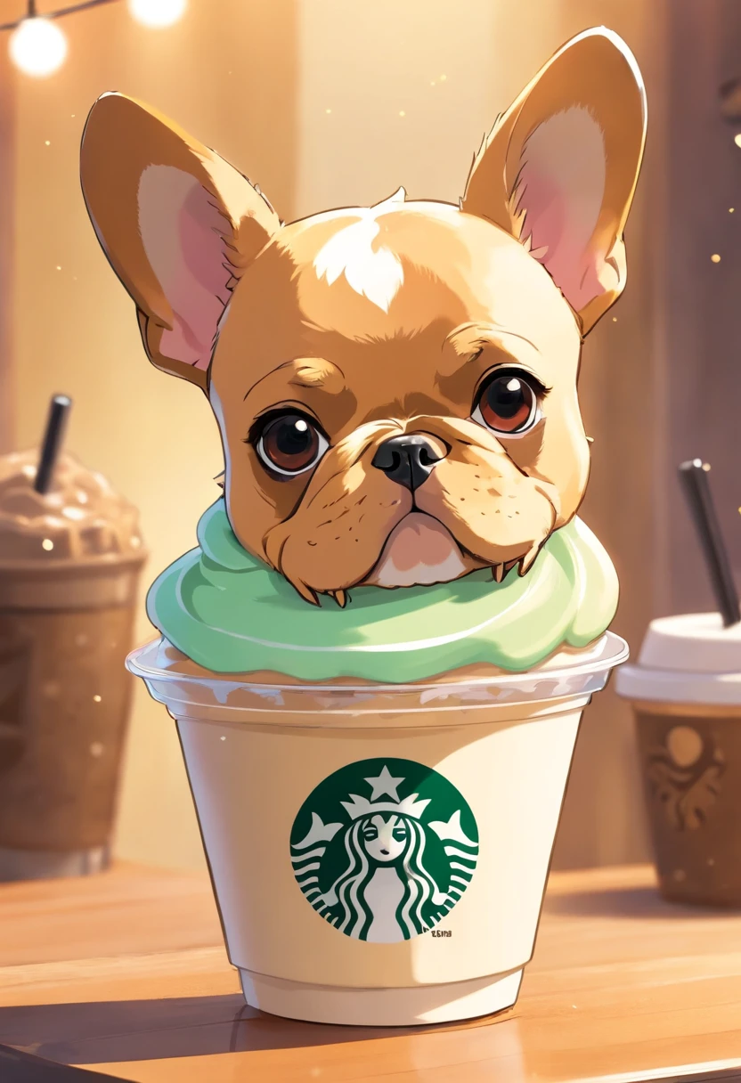 Unique, Cute French bulldog-shaped cup with a playful cartoon look, Colorful Starbucks-style frappuccino, Yorkshire Terrier logo.