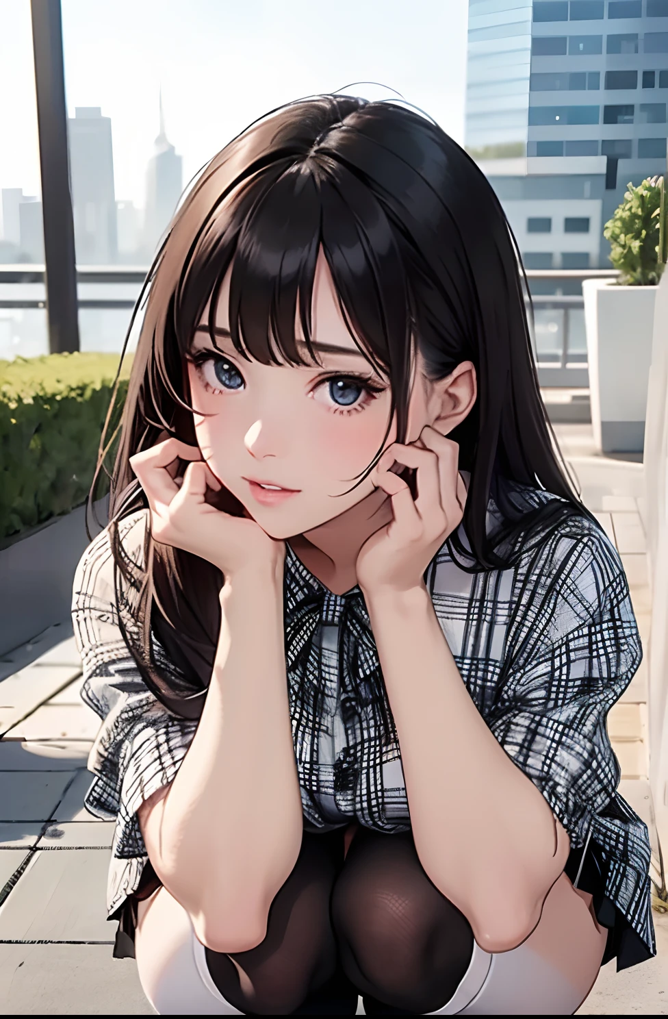 Girl in summer clothes, Loud bangs、White blouse and black plaid skirt, Squatting on the ground, Looking straight ahead, Black stockings or long stockings, Make it as if she wants to kiss you, View from the Viewer, Close-up photos, medium breasts, Cityscape, flirtatious look, ((Very detailed)), (Perfectly detailed face), (Well detailed hands), (Well detailed hands) Photorealistic images.