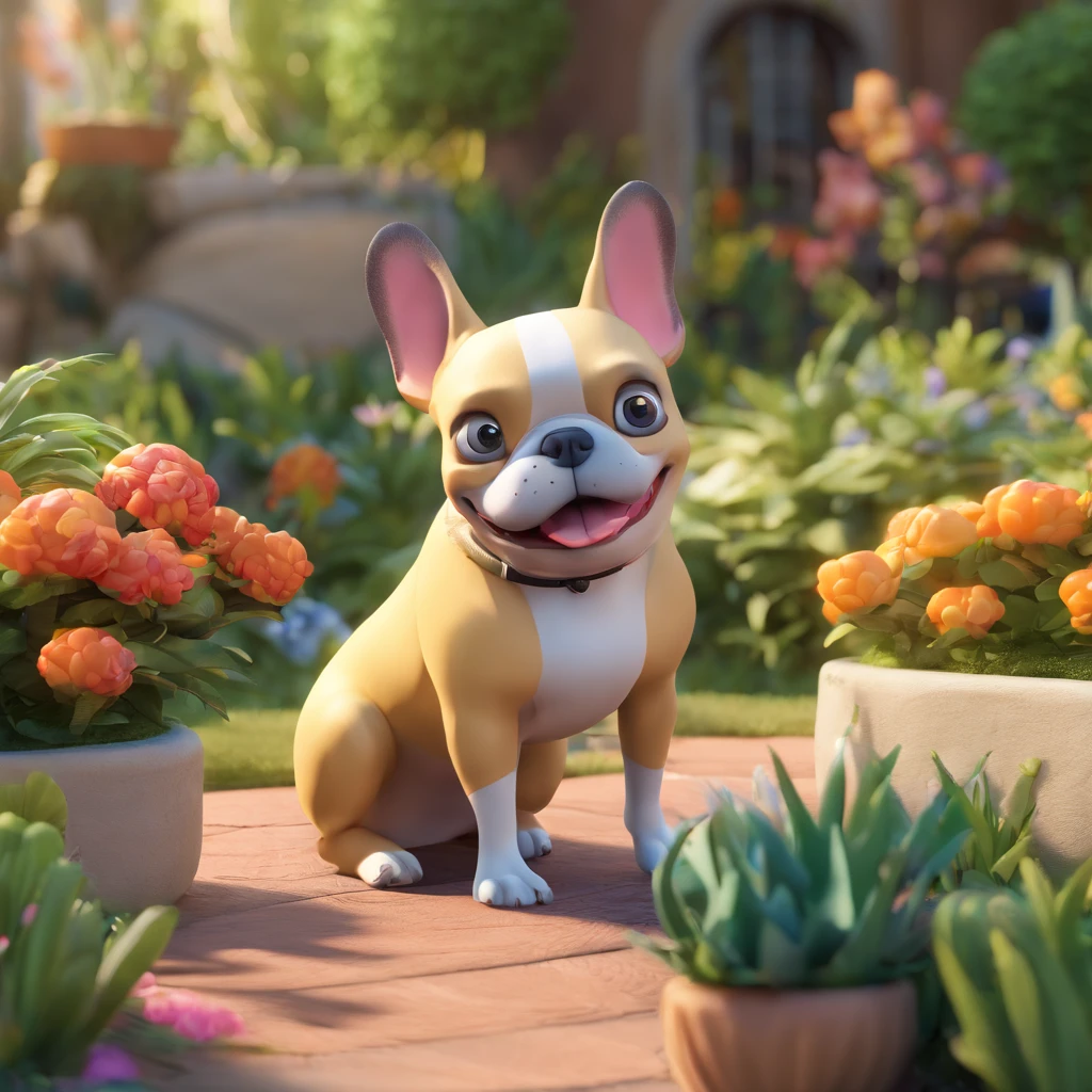 Franzi is a smiling woman, mit deinem treuen Freund, Molly, the cream-colored French Bulldog Lying in the garden, Disney Pixar Style