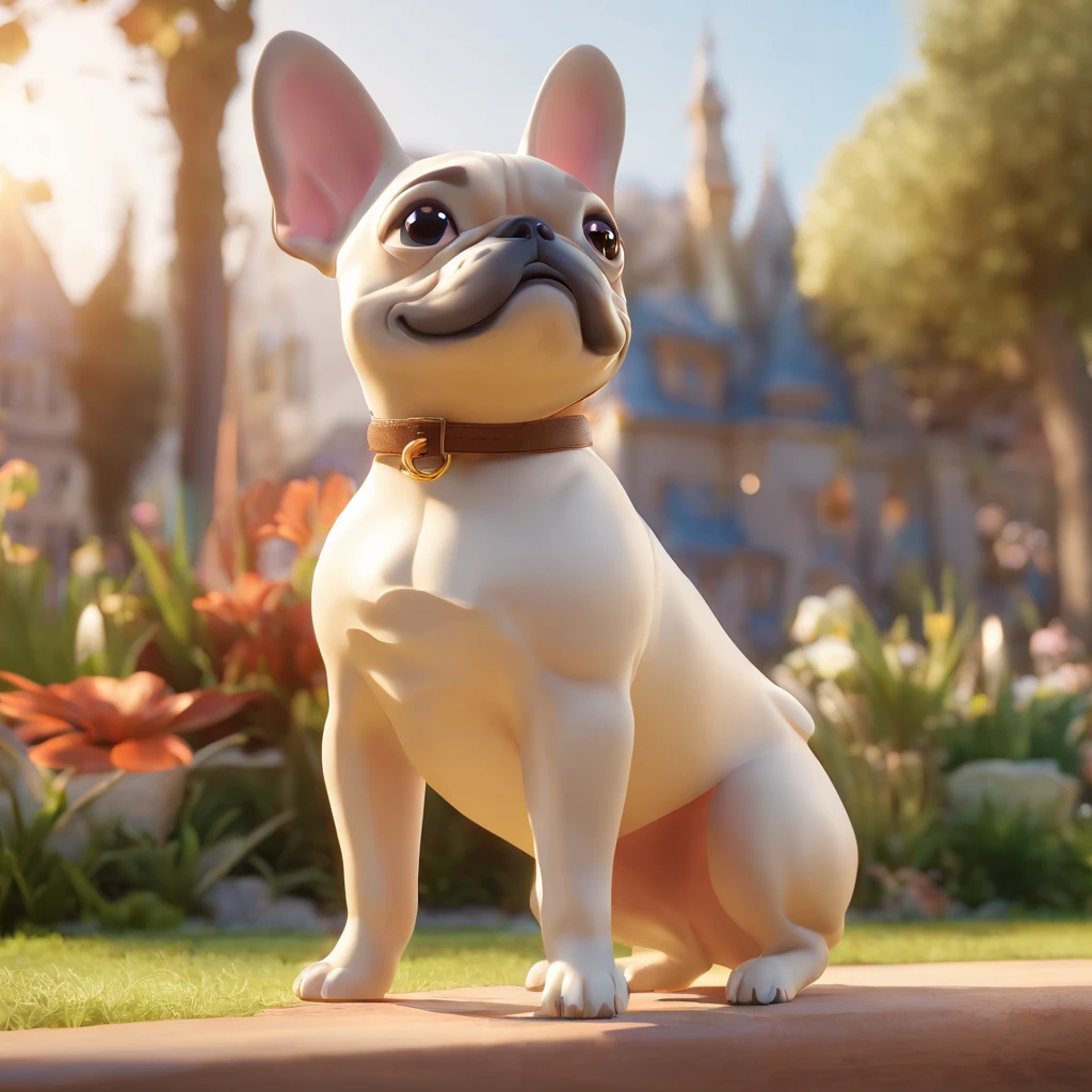 Franzi is a smiling woman, mit deinem treuen Freund, Molly, the cream-colored French Bulldog Lying in the garden, Disney Pixar Style