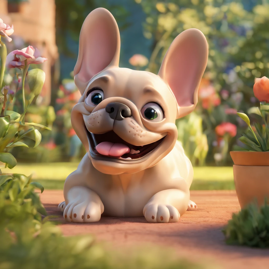 Franzi is a smiling woman, mit deinem treuen Freund, Molly, the cream-colored French Bulldog Lying in the garden, Disney Pixar Style