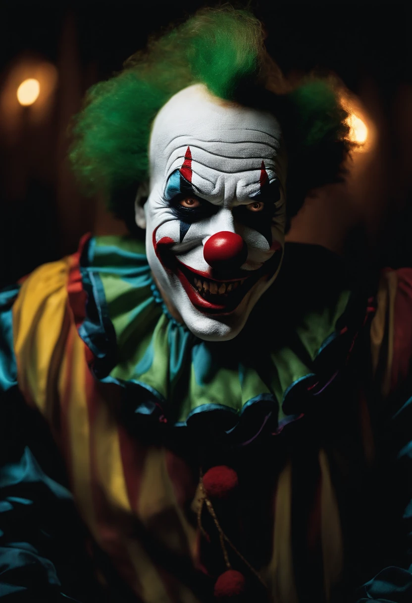 scary clown. portrait zoom. realistic. dark background. night scene