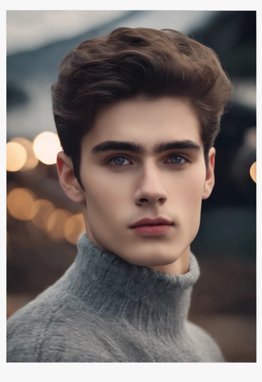(Best Quality,4k,8K,hight resolution,Masterpiece:1.2),Ultra-detailed,Realistic,Portrait,Handsome young man ,black disheveled hair,Black Eyes,long eyelashes,cute face,pale Turtleneck, square faceshpae