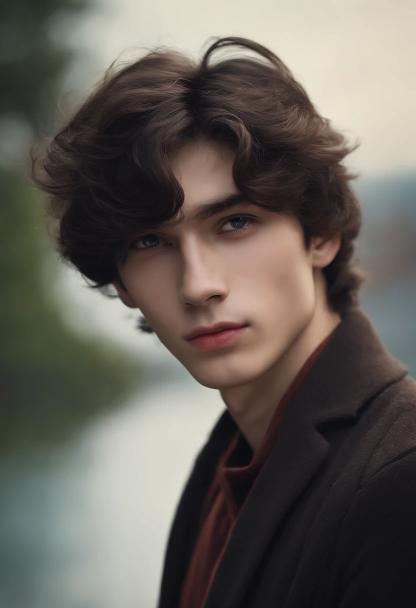 (Best Quality,4k,8K,hight resolution,Masterpiece:1.2),Ultra-detailed,Realistic,Portrait,Handsome young man 17 years old,black disheveled hair,Black Eyes,long eyelashes,cute face,pale Turtleneck, square faceshpae