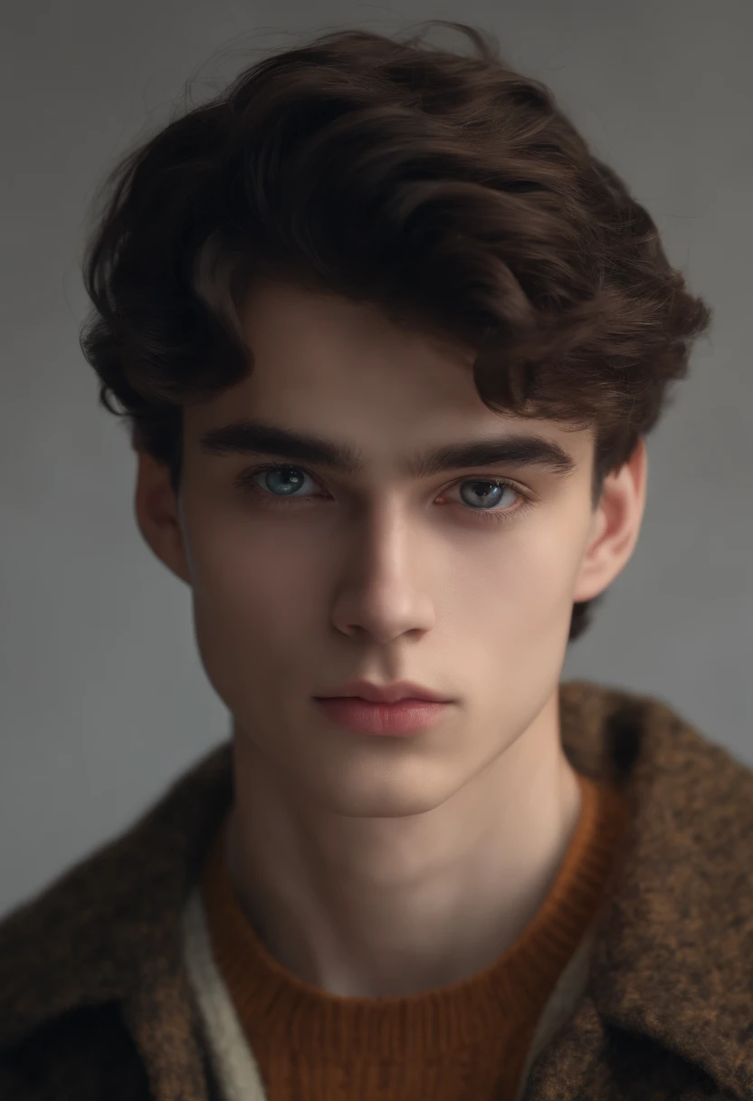 (Best Quality,4k,8K,hight resolution,Masterpiece:1.2),Ultra-detailed,Realistic,Portrait,Handsome young man 17 years old,black disheveled hair,Black Eyes,long eyelashes,cute face,pale Turtleneck, square faceshpae