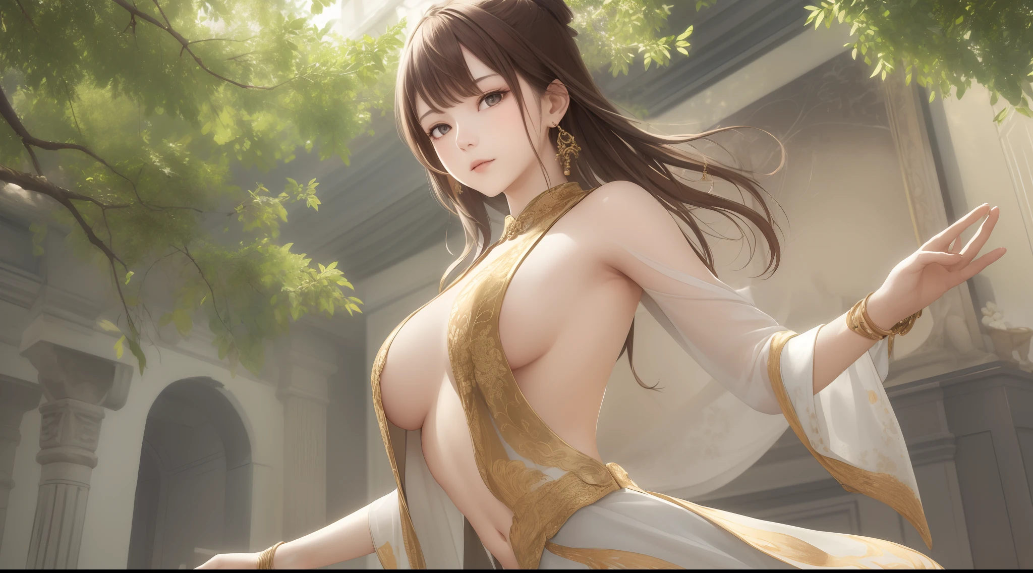 Upper body，oil painted，tmasterpiece，Need，A high resolution，Brown hair long，Jewelry hairpins，Bigchest，beautiful weather，dances，Extremely obedient，Sit Pose，（song dynasty，Song suit：1.2），