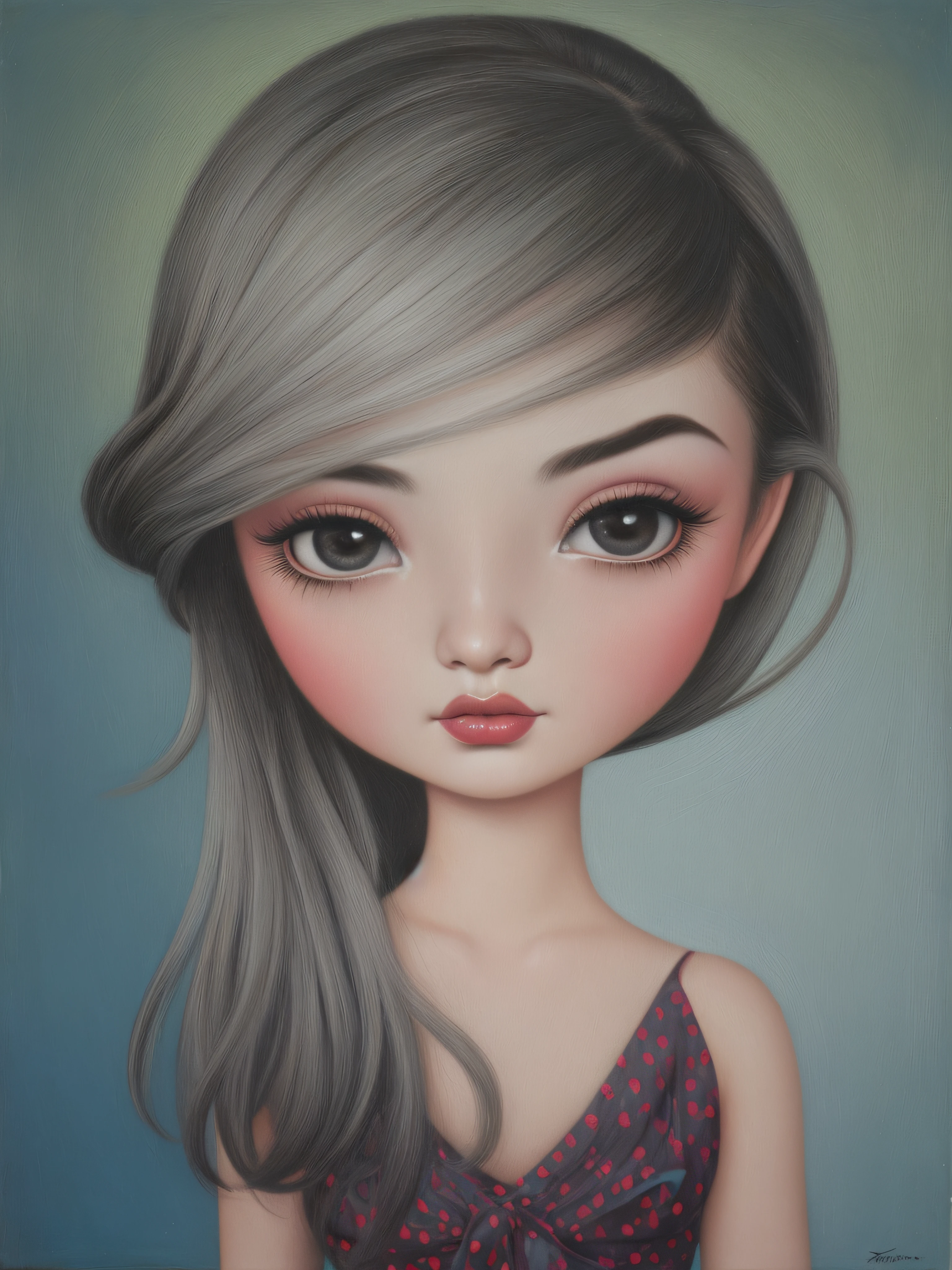 pintura de una mujer fea con las cejas muy gordas y peludas, estilo Mark Ryden, desnuda