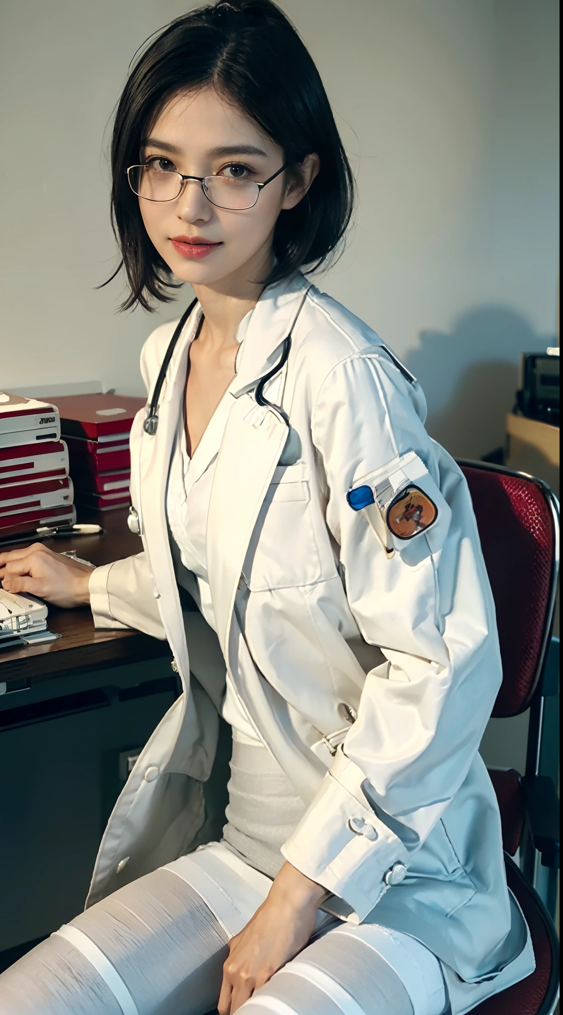 ((Small underboob)), (shoulder-length straight short hair: 1.1),(black hair:1.5),Upper body, （Extremely meticulous CG 8k wallpaper），（Extremely refined and beautiful），（Masterpiece），（best qualtiy：1.0），（Ultra High Resolution：1.0），beautiful light up，Perfect lightning，realistic shaded，[A high resolution]，Smooth and flawless fair skin，Extremely exquisite facial details，（perfect body：1.1），ultra - detailed,A beautiful girl，small head,(Small breasts:1.1)，Flat chests，slim，thin，Smile，cheerfulness,(doctor's white coat:1.7),(white pantyhose:1.4),autumn,Morning,A female doctor,short ponytail,wearing glasses,face with Medical mask,In a dilapidated hospital，In the office,(Sitting in a chair next to the computer:1.5),Close Shot,(piles of red bills stacked on the table:1.5),cowboy shot,Portrait above chest level
