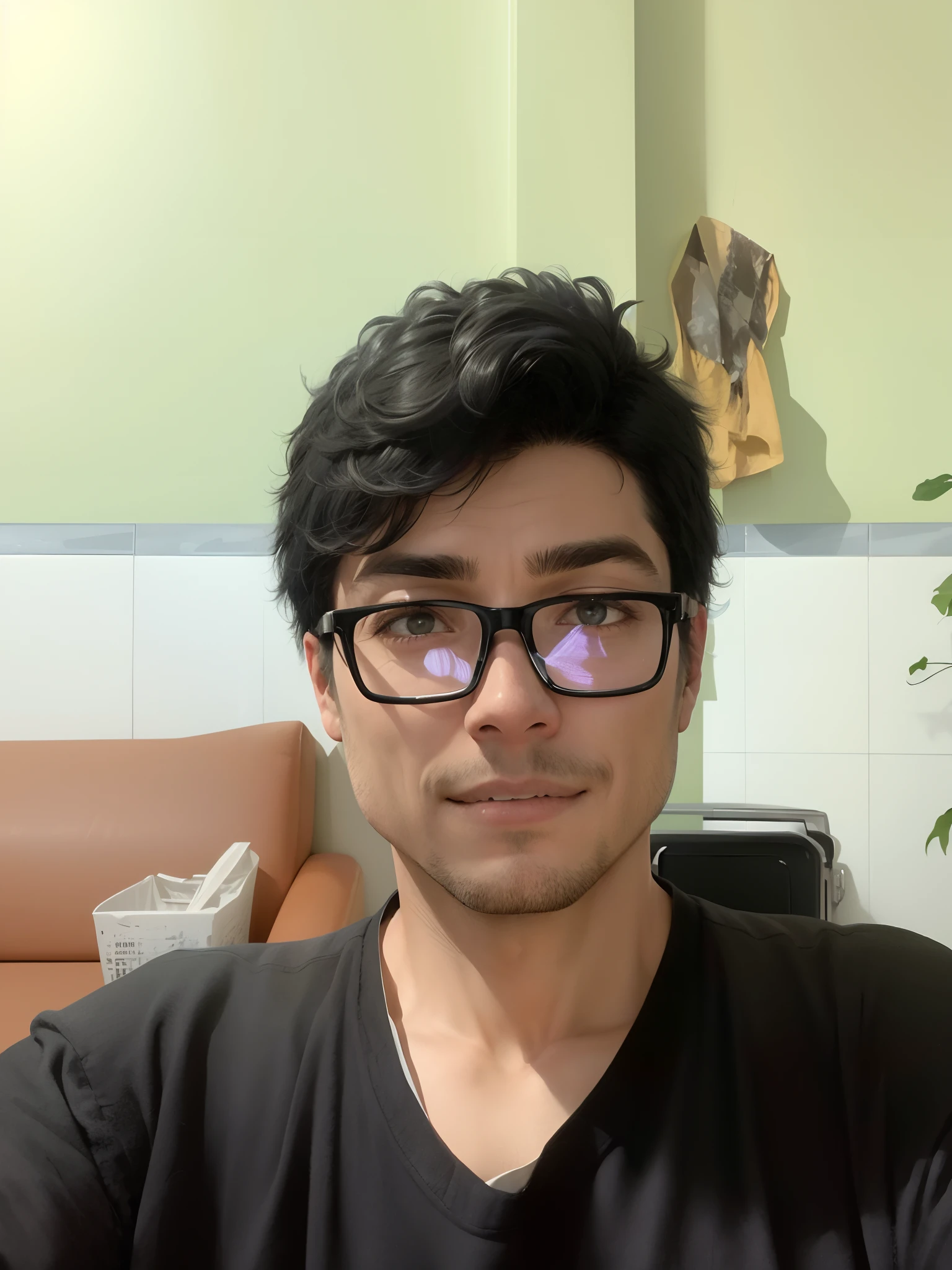 Change back ground, Realistic 8K, Portrait, (masterpiece: 1.4) image of a thin 28-year-old man, with short black hair, wearing a black vest with a white blouse underneath, tense expression, walking in a decrepit hotel lobby. realistic face, smiling,