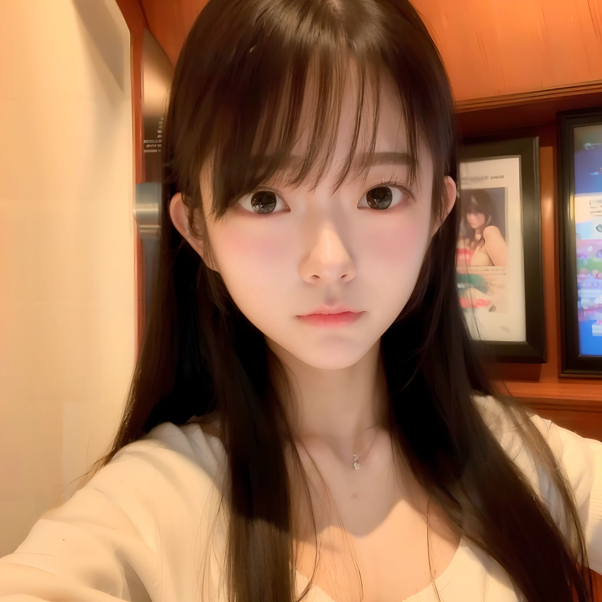 A teenage girl、(​masterpiece:1.4)、(in 8K、realisitic、Raw photo、top-quality:1.4)、(Real Face:1.4)、(real looking skin:1.3)、超A high resolution、A hyper-realistic、Eyes in Beautiful Details、Black hair long hair、White underwear、high detailing、(huge-breasted:1.5)、cleavage of the breast、gargantilha、atlibrary、is standing、blushing