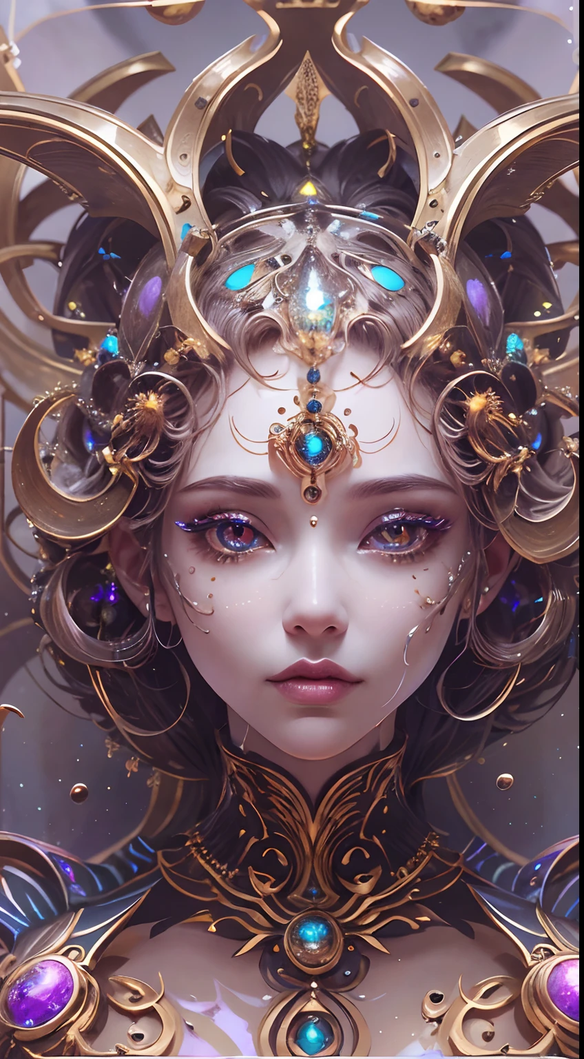 Full body like，（best qualtiy，ultra - detailed，Most Best Illustration，Best shadow，tmasterpiece，A high resolution，professionalartwork，famousartwork），Detailed eyes，beautidful eyes，closeup cleavage，sci-fy，colored sclera，Robot eyes，face markings，Tattooed with，（fractalized，Fractal eyes），largeeyes，Wide eyes，（Eye focus），sface focus，Cosmic eyes，Space eyes，Close-up of metal sculpture of a woman with a moon in her hair，goddes。extremly high detail，3 d goddess portrait，Extremely detailed footage of the goddess，a stunning portrait of a goddess，Side image of the goddess，portrait of a beautiful goddess，Full body close-up portrait of the goddess，hecate goddess，portrait of a norse moon goddess，goddess of space and time，(RAW photo:1.2)，camel-toe，Hollow-out on，sweat leggs，White liquid， Smooth pink skin, shiny metallic glossy skin, Shiny，spread their legs，M-shaped legs，angry look，sullenness，Irritated，white liquid all over body，Full body like