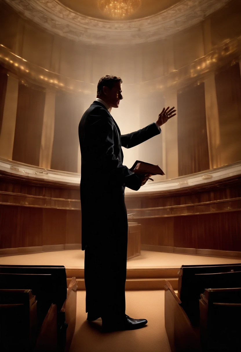 man in suit preaching aggressively from a pulpit and his shadow stretching far across the floor and covering the audience, (front view:2), photography, realistic, detailed, dramatic