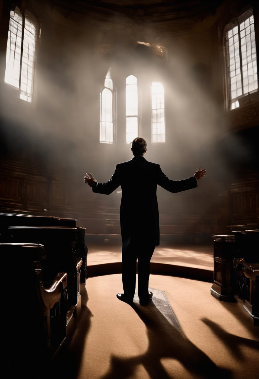 man in suit preaching aggressively from a pulpit and his shadow stretching far across the floor and covering the audience, (front view:2), photography, realistic, detailed, dramatic