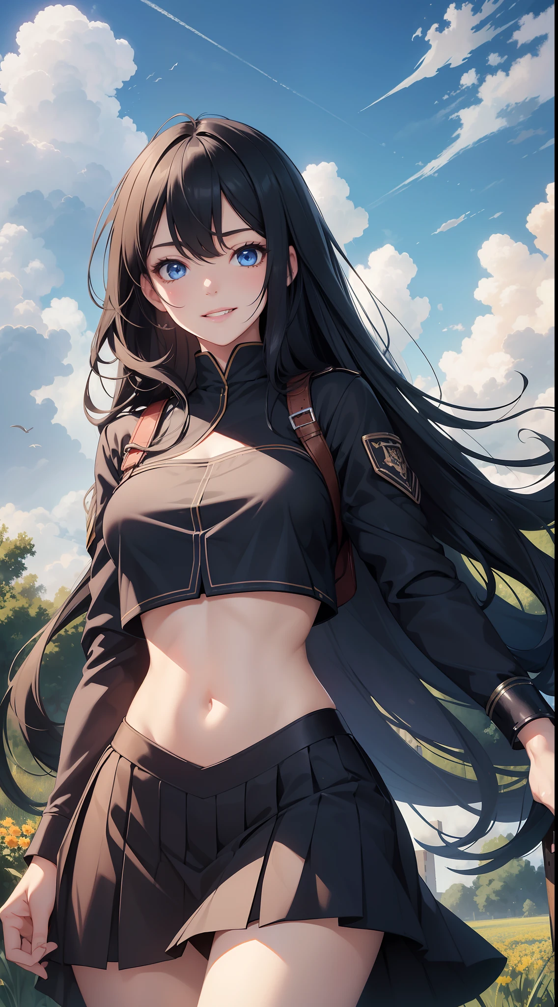 ((Best quality)), ((masterpiece)), (realistic), 1 girl, beautiful girl, Long black hair, detailed hair, blue eyes, detailed eyes, crop top , medium length skirt, school field, blue sky, clouds, grin
