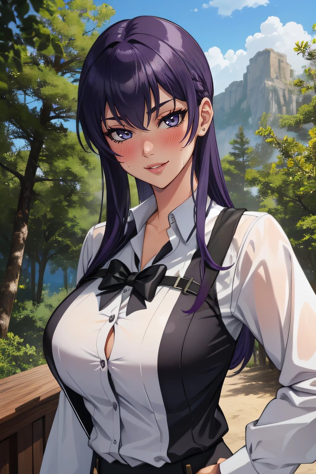 (obra maestra, La mejor calidad),  Detalles intrincados,
 1girl, busujima_SAEKO, purple hair, uniforme escolar, falda, Cola de caballo, Pelo muy largo,
  sonrisa seductora, Al aire libre, bosque,  sweating, sudor de tetas, escote, lips, blush