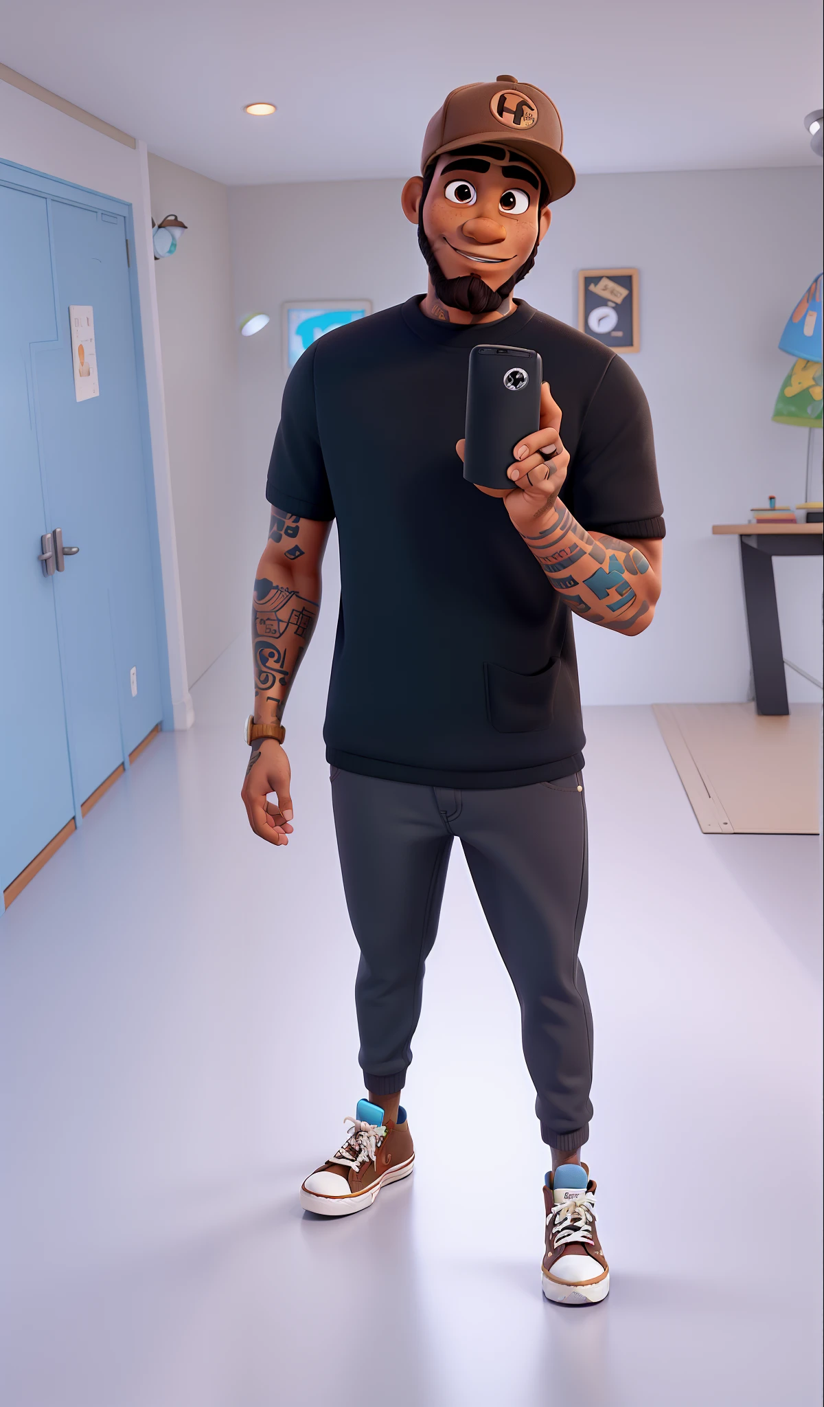 Um homem negro no estilo Disney Pixar, de barba, Wearing a brown cap, Allstar Brown Sneakers, alargador, tattooed left arm, alta qualidade, melhor qualidade