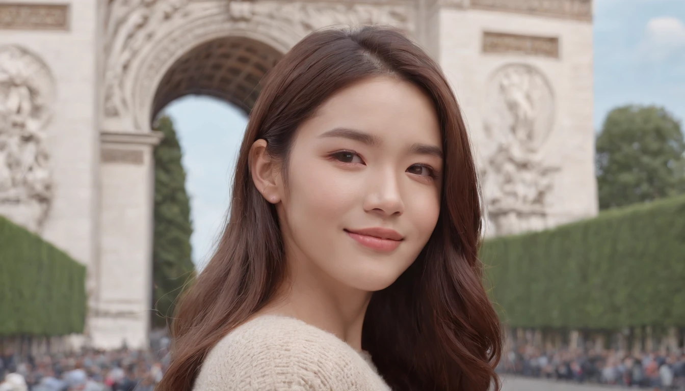 (8K、top-quality、masterpiece:1.2)、 (realisitic、Photorealsitic:1.37)、 ultra-detailliert、DJ Soda、 1 girl in、full body Esbian、Wearing a turtleneck sweater and skinny jeans、Stand in the streets of Paris with the Arc de Triomphe in the background、 cute little、独奏、 Beautiful detailed sky、 (A smile:1.15)、(Mouth closed)、 tiny chest、 beatiful detailed eyes、 (length hair:1.2)、 Floating Hair Novafrog Style、
