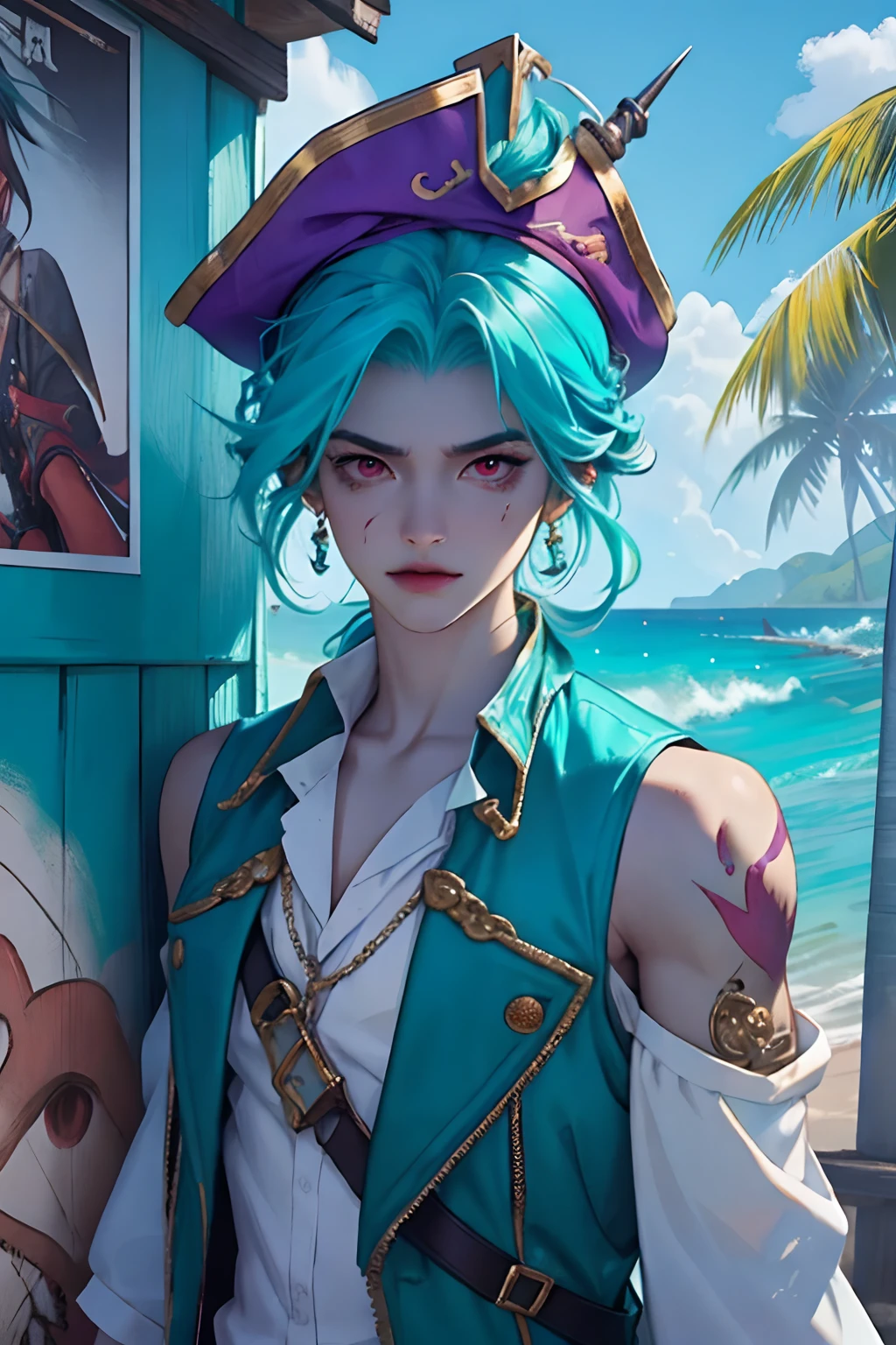 Poster, masterpiece, white fancy shirt, teal and cyan hairs with additional tentacles, 1 girl, dark purple sleeveless pirate jacket, red eyes, shell hairpin, beach, upper body, gill, scars under eyes
