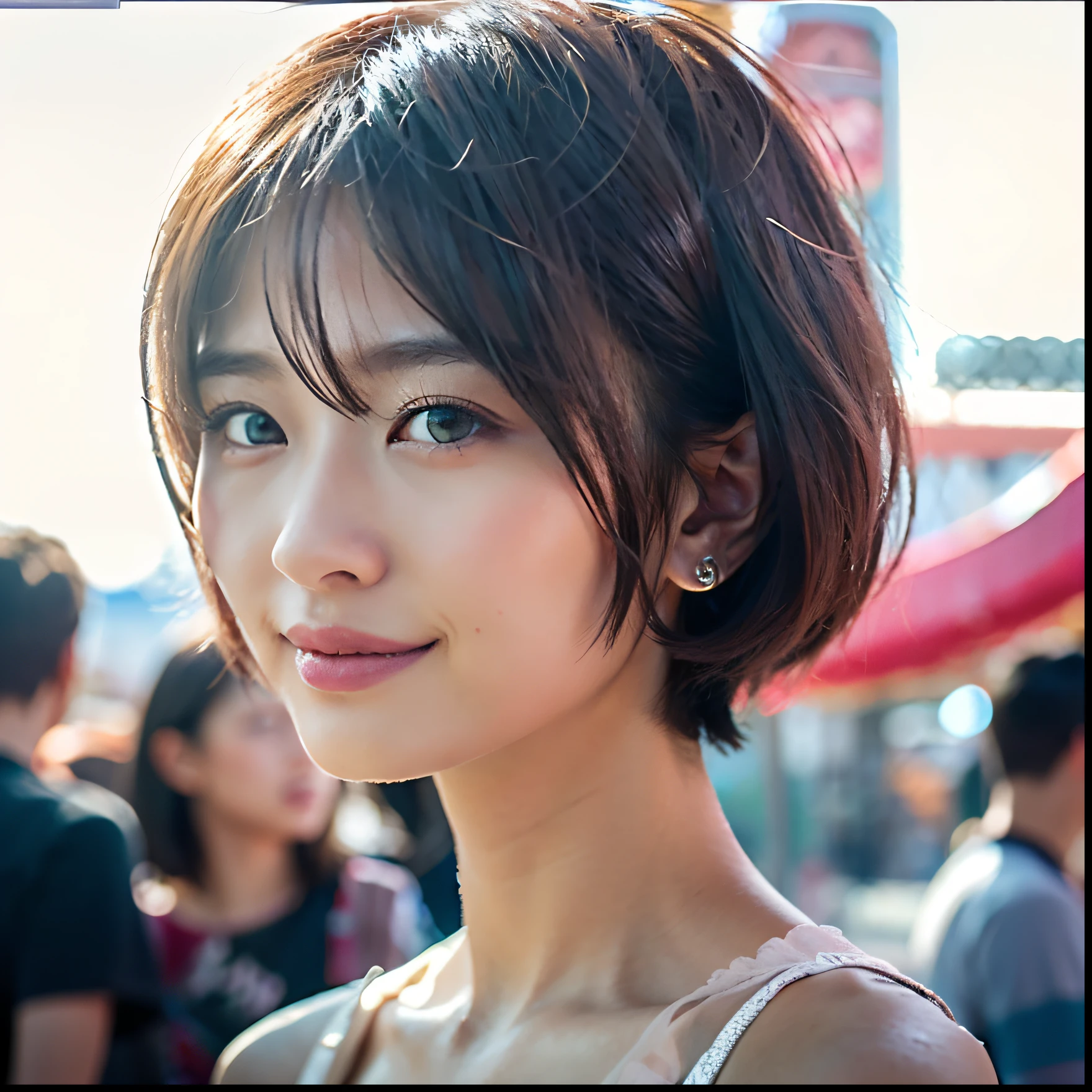 (top-quality、8K、32K、masterpiece、nffsw:1.2)、Photo of a cute Japanese woman、very short bobbed hair、The upper part of the body、sface focus、Amusement Park Background、From above、looking at the viewers、