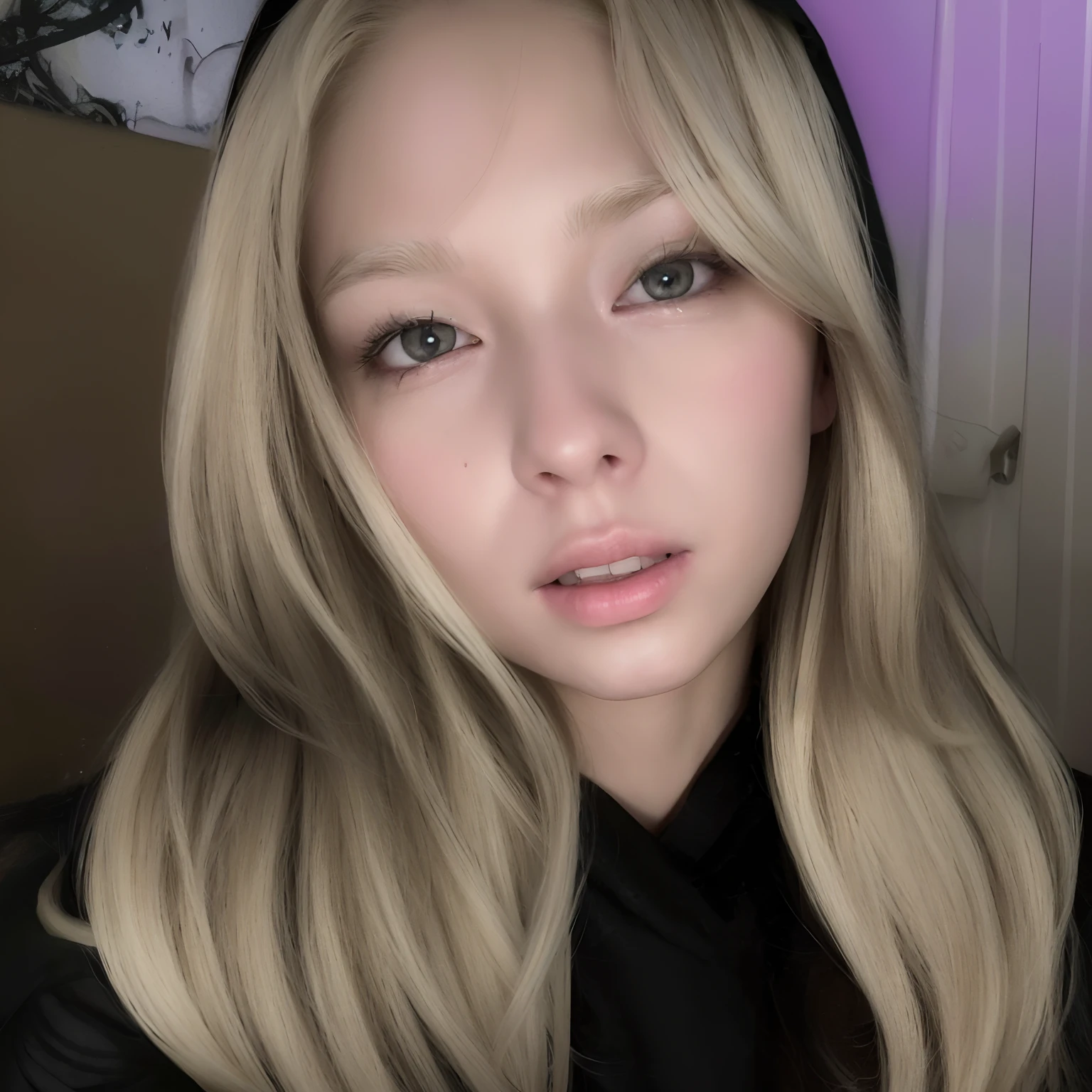 light blond haired woman with long hair and black hoodie posing for a picture, cl, blonde light long hair and large eyes, digital art. @mariomaniacdude, very very pale blond hair, ultra realistic face, realistic artstyle, face like ester exposito, long blonde hair and large eyes, extremely pale blond hair, 🤤 girl portrait, hyperrealistic