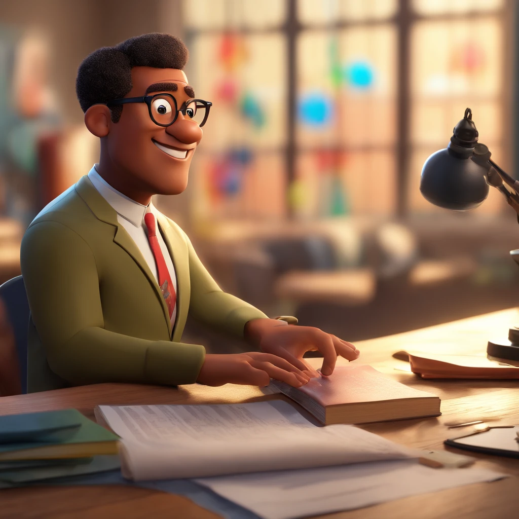 Create a Disney Pixar-inspired poster with the character being Pastor Jackson Anthony, A man wearing glasses, in an office with a Bible on the desk